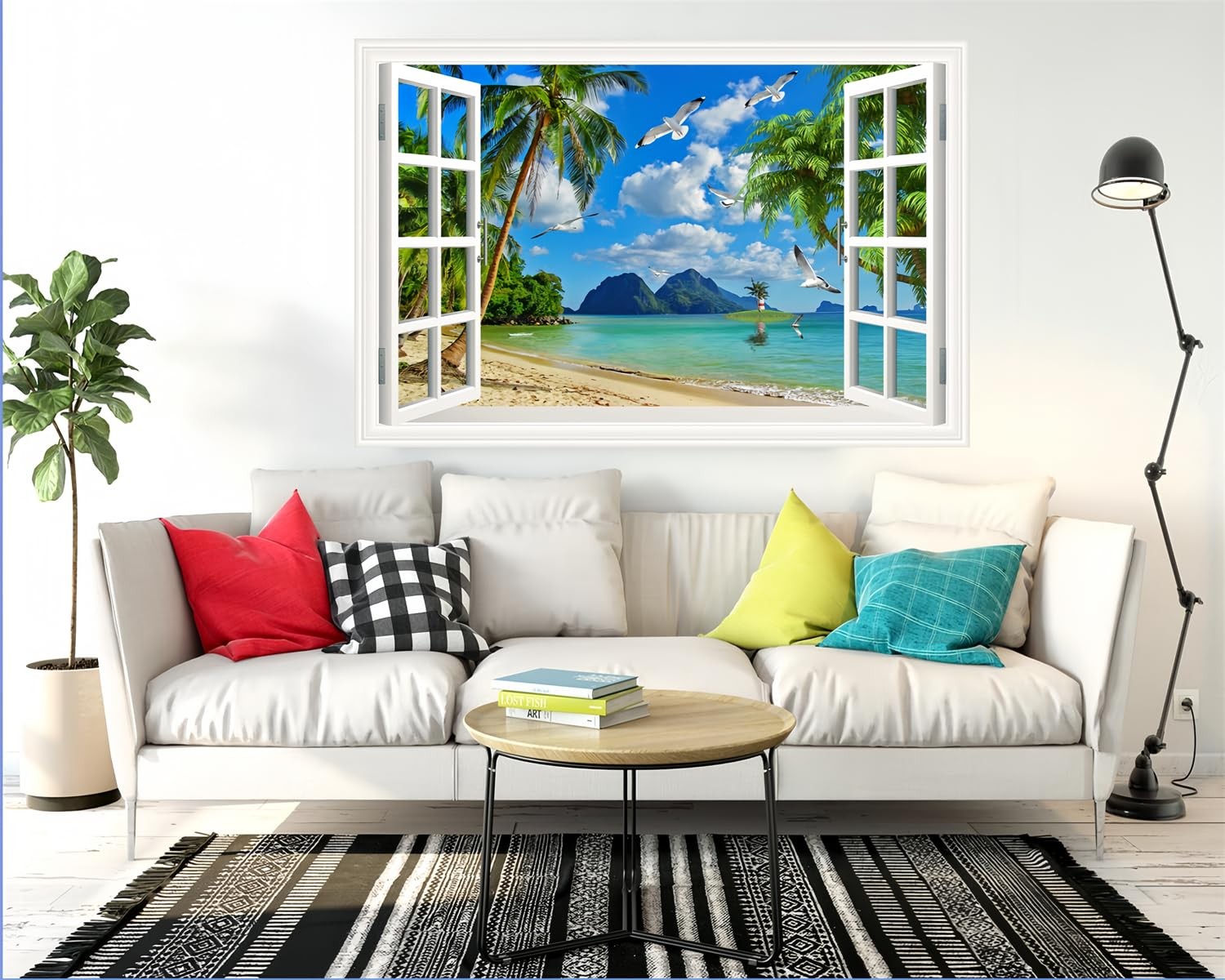 3D -Adhesive Painting Fake Window Wall Stickers Tropical Island with Palm Tre…