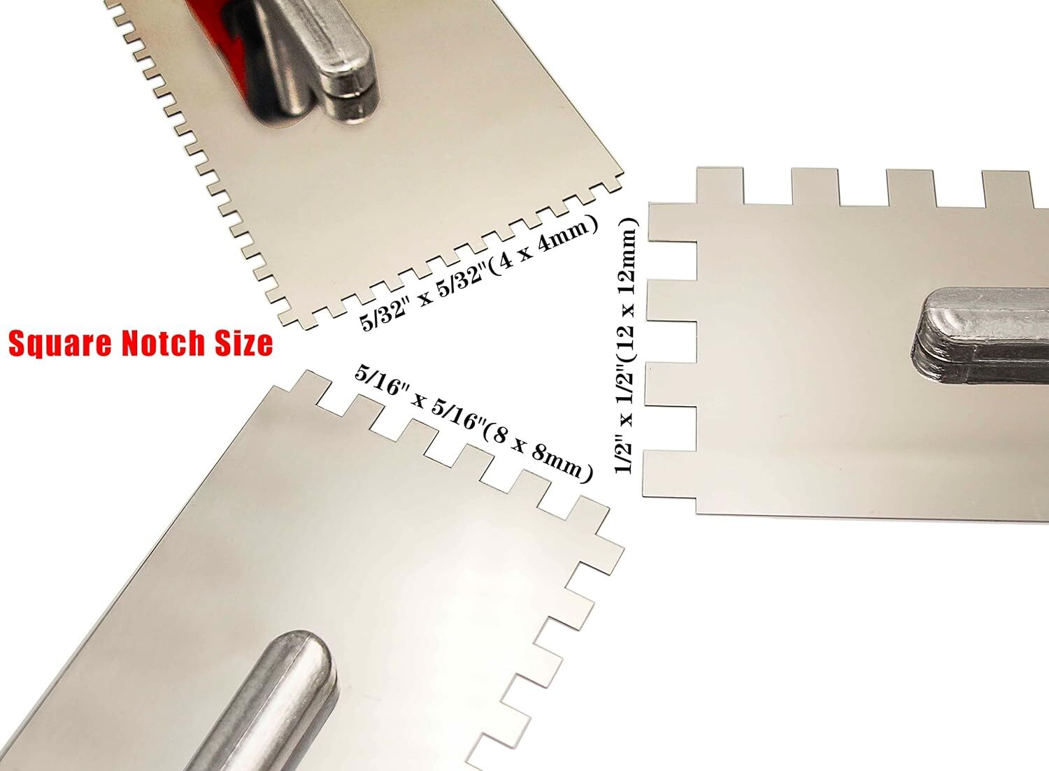 Tile Tools Stainless Steel Square Notched Trowel Set 3 Pc notch Size 5/32″ & 5