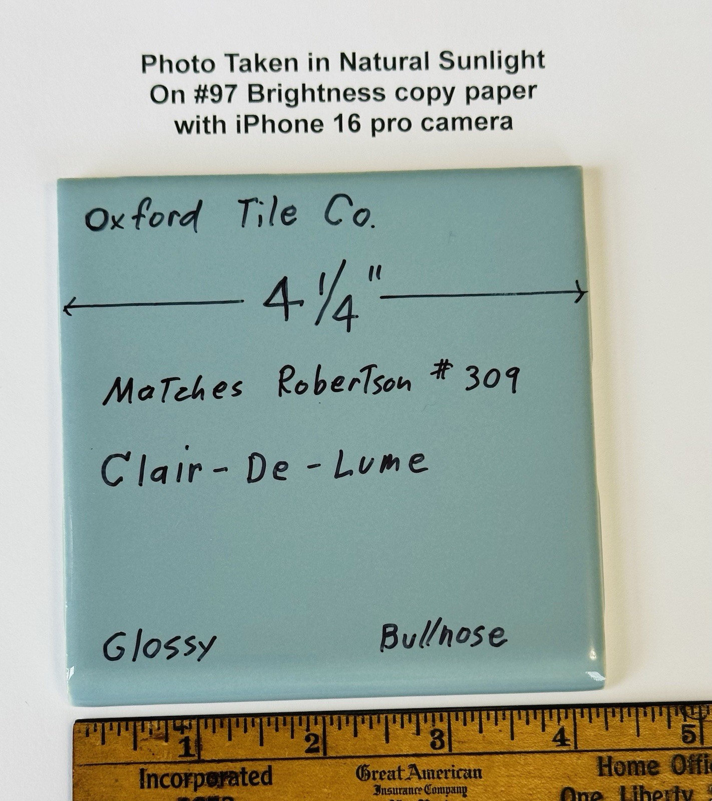 1 pc. Clair-De-Lume: 4-1/4″ Glossy Bullnose Ceramic Tile, Oxford + Robertson Co.