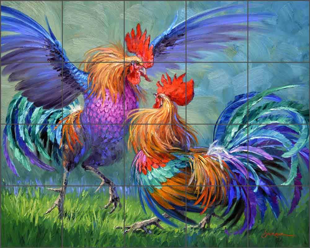 Rooster Tile Backsplash Ceramic Mural Senkarik Country Life Art MSA191