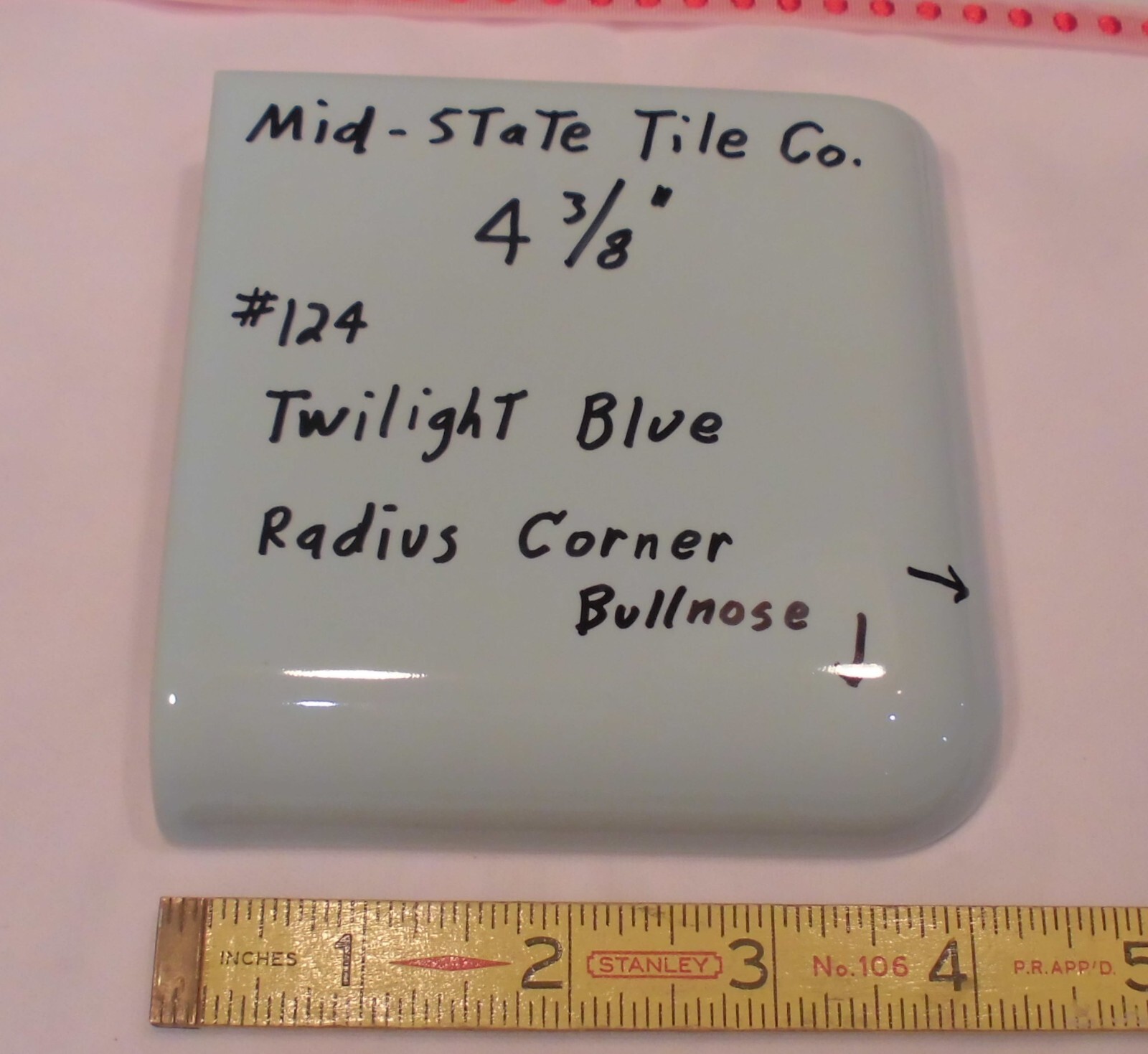 1 pc. Corner Bullnose; Twilight Blue Glossy Ceramic Tile; Mid-State 4-3/8″ Mudd