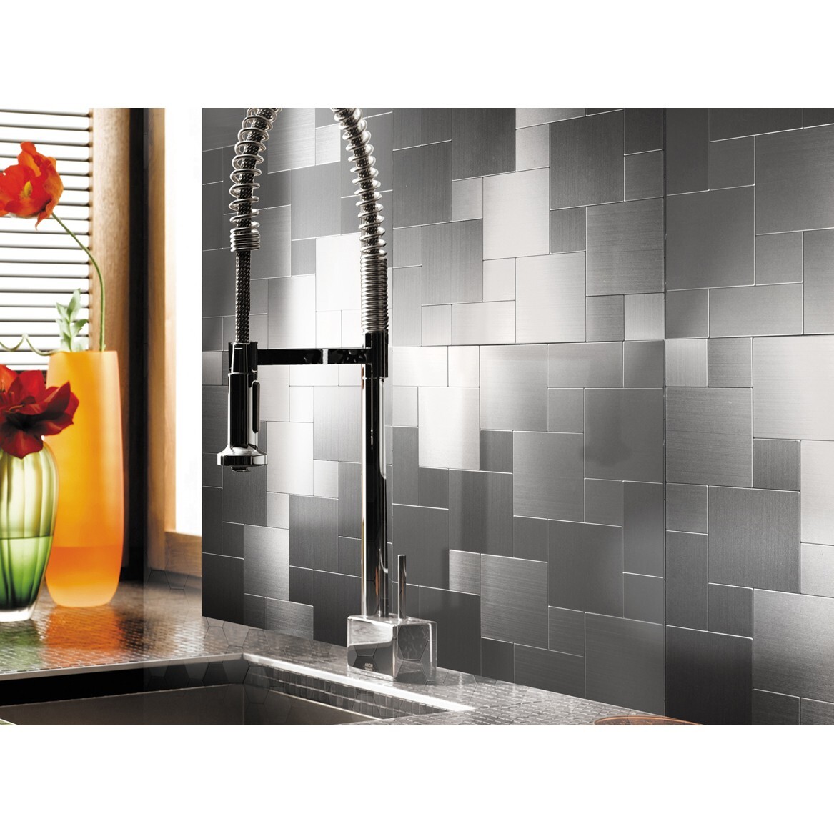 Art3d Peel and Stick On Metal Steel Backsplashes, 10-Piece Brush Silver