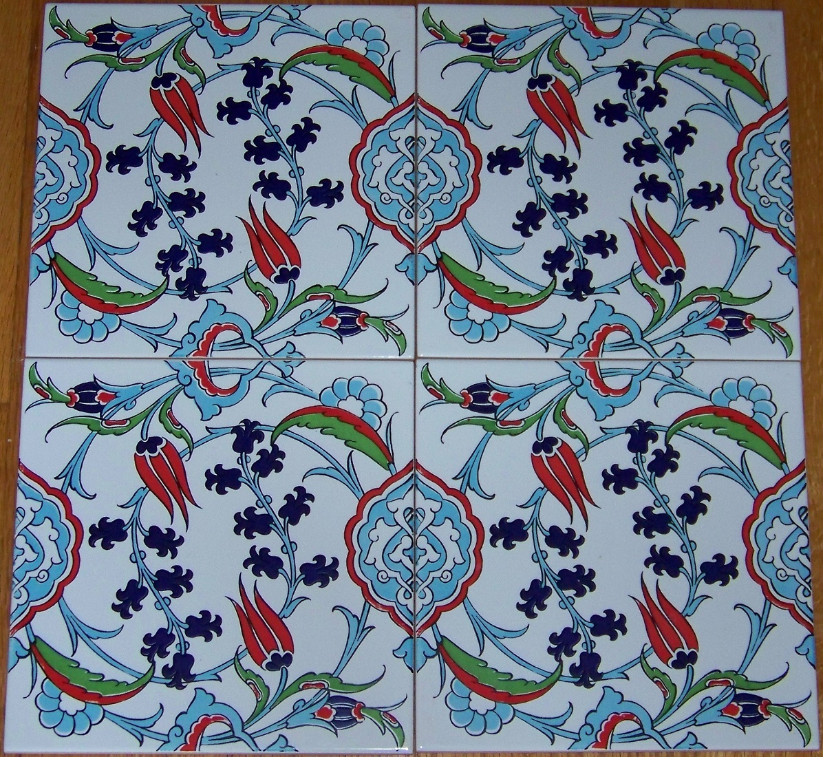 4 8″x8″ Turkish Iznik Red Tulip & Light Blue Floral Pattern Ceramic Tile