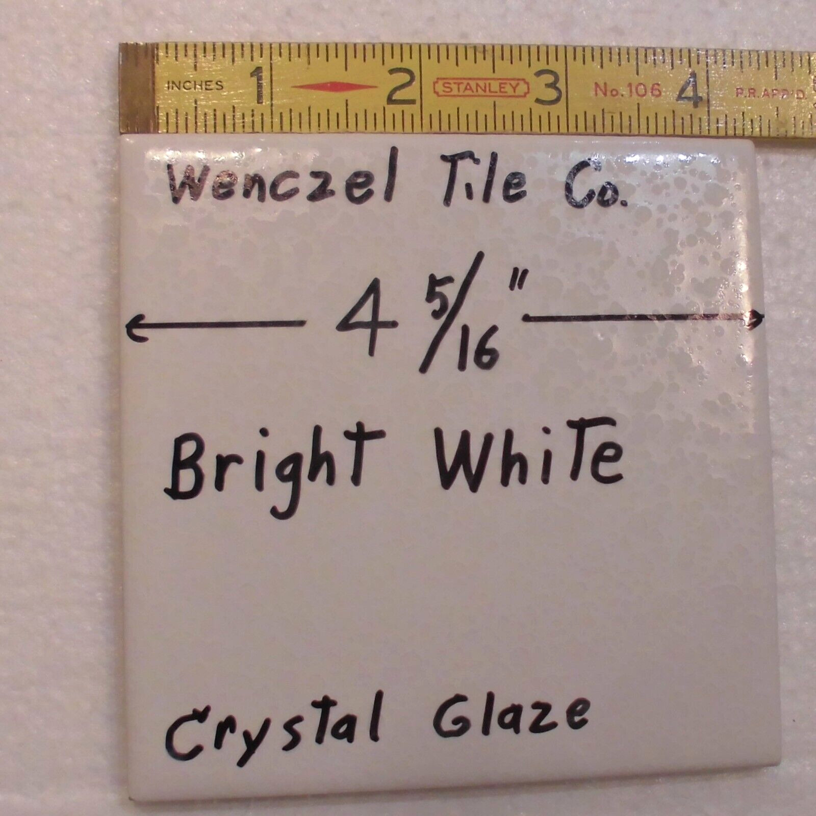 1 pc. White: Crystal Glaze; Ceramic Tile by Wenczel Co. 4-5/16″ made 1970’s 80’s