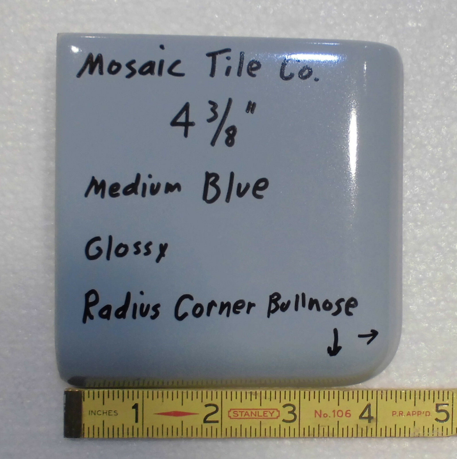 1 pc. Medium Blue – Gray; Radius Corner Bullnose Ceramic 4-3/8″ Glossy; Mosaic