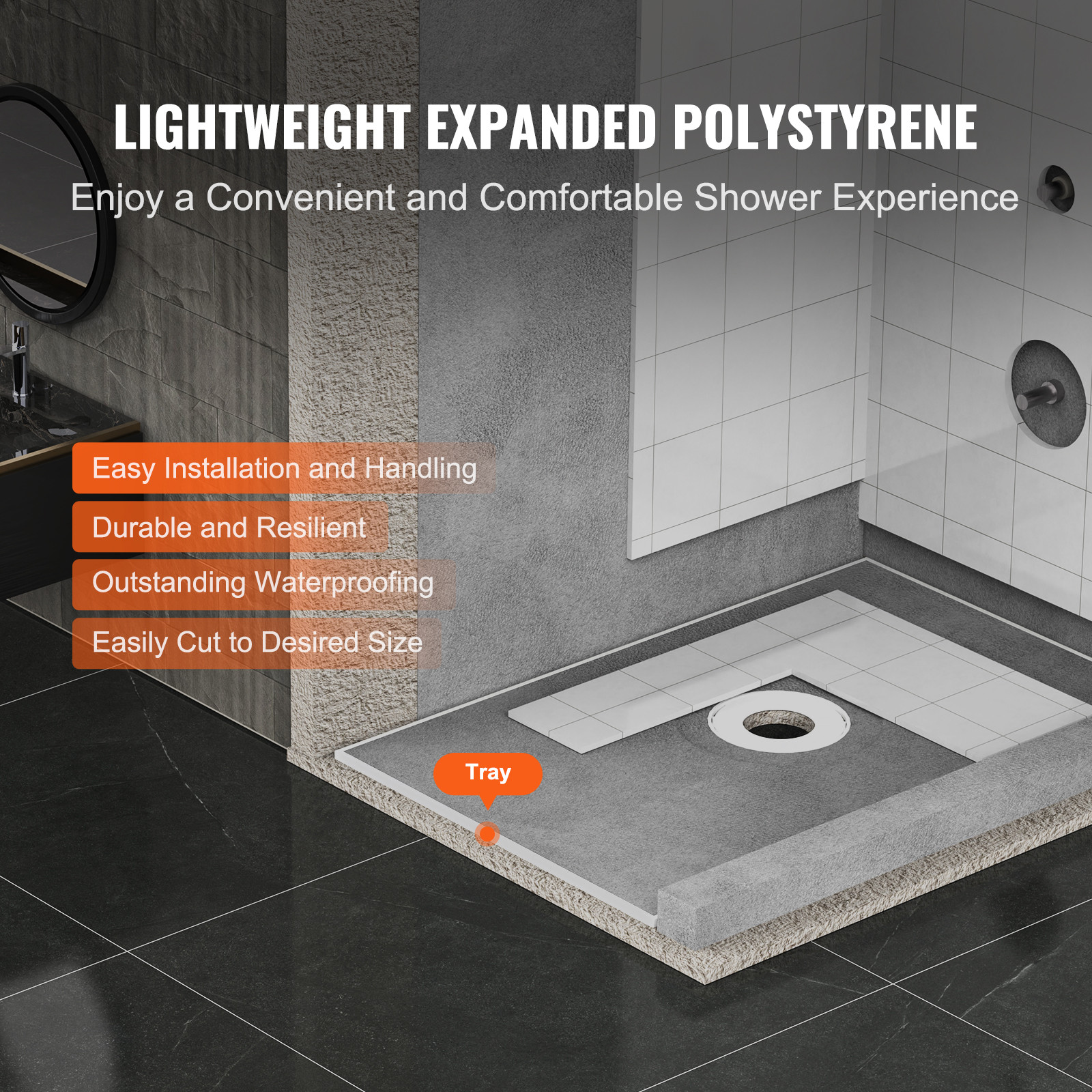 VEVOR Waterproofing Shower Curb Tray Kit 48″x72″ w/ Central Drain Thickened