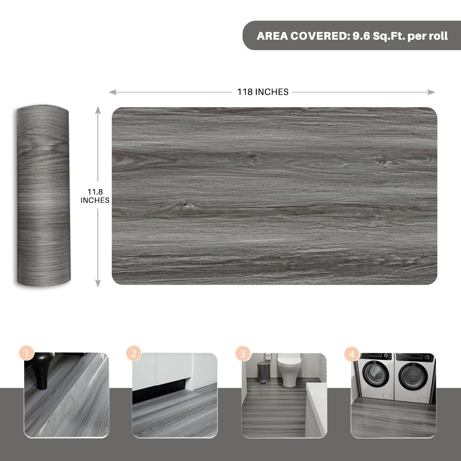 Wood Grain Peel and Stick Floor Tiles – 11.8” Width, Full Roll Length of 118″ –