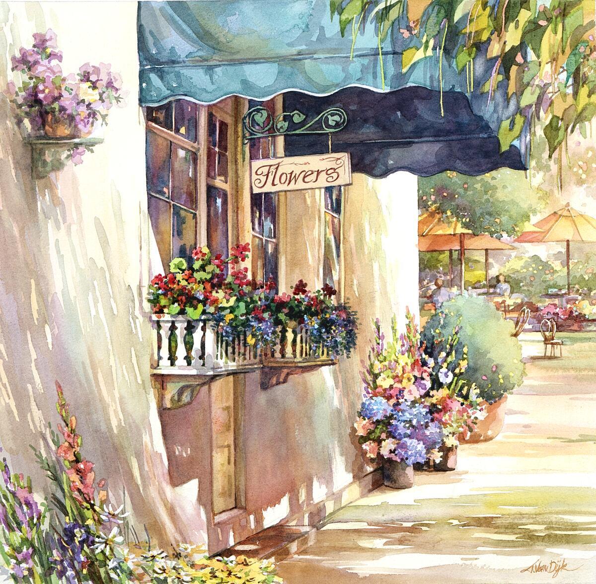 Ceramic Backsplash Tile Mural Street Scene Landscape – Flower Shop 2