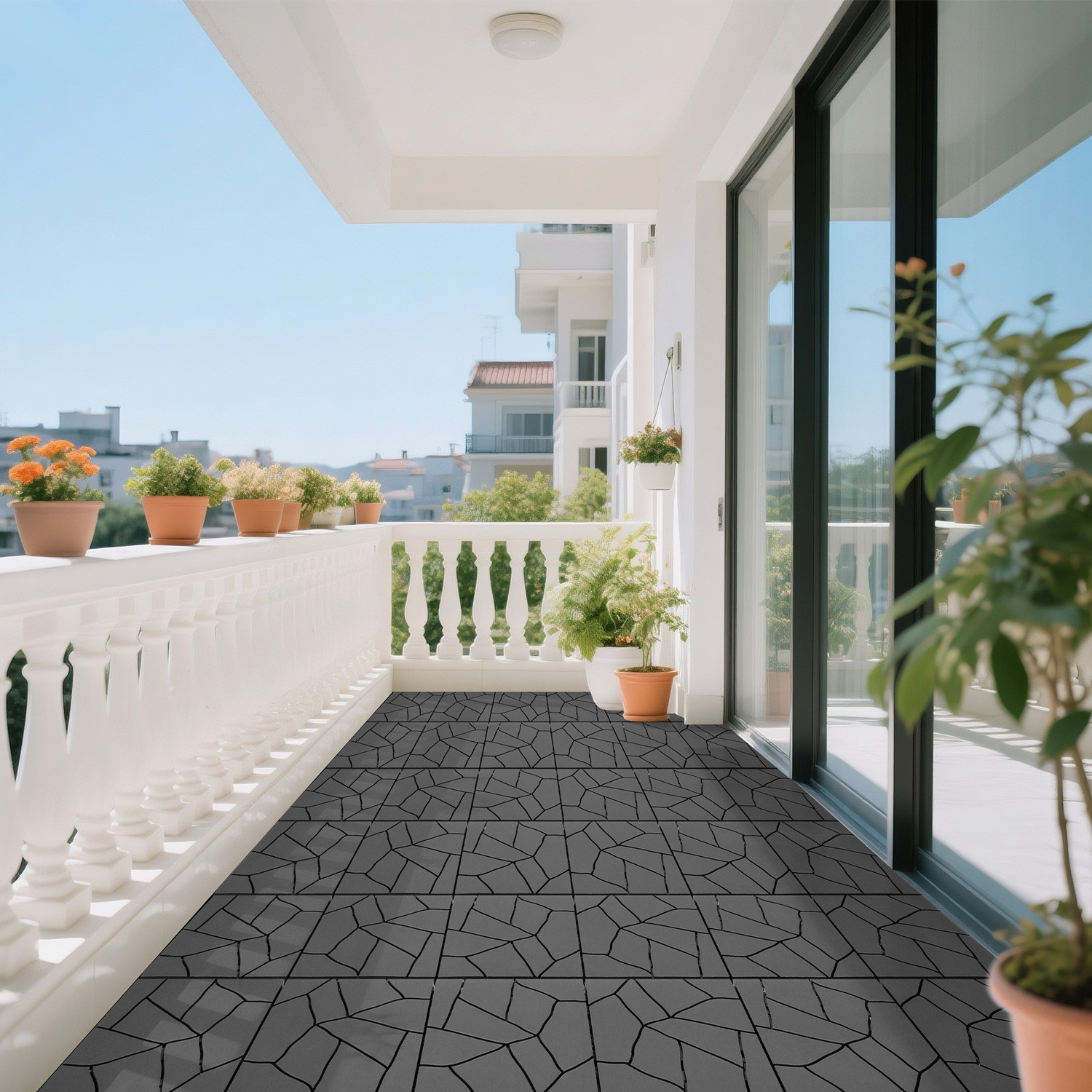 44x 12in Stone Pattern Patio Deck Tiles DIY Modular Stone Balcony Poolside Stone