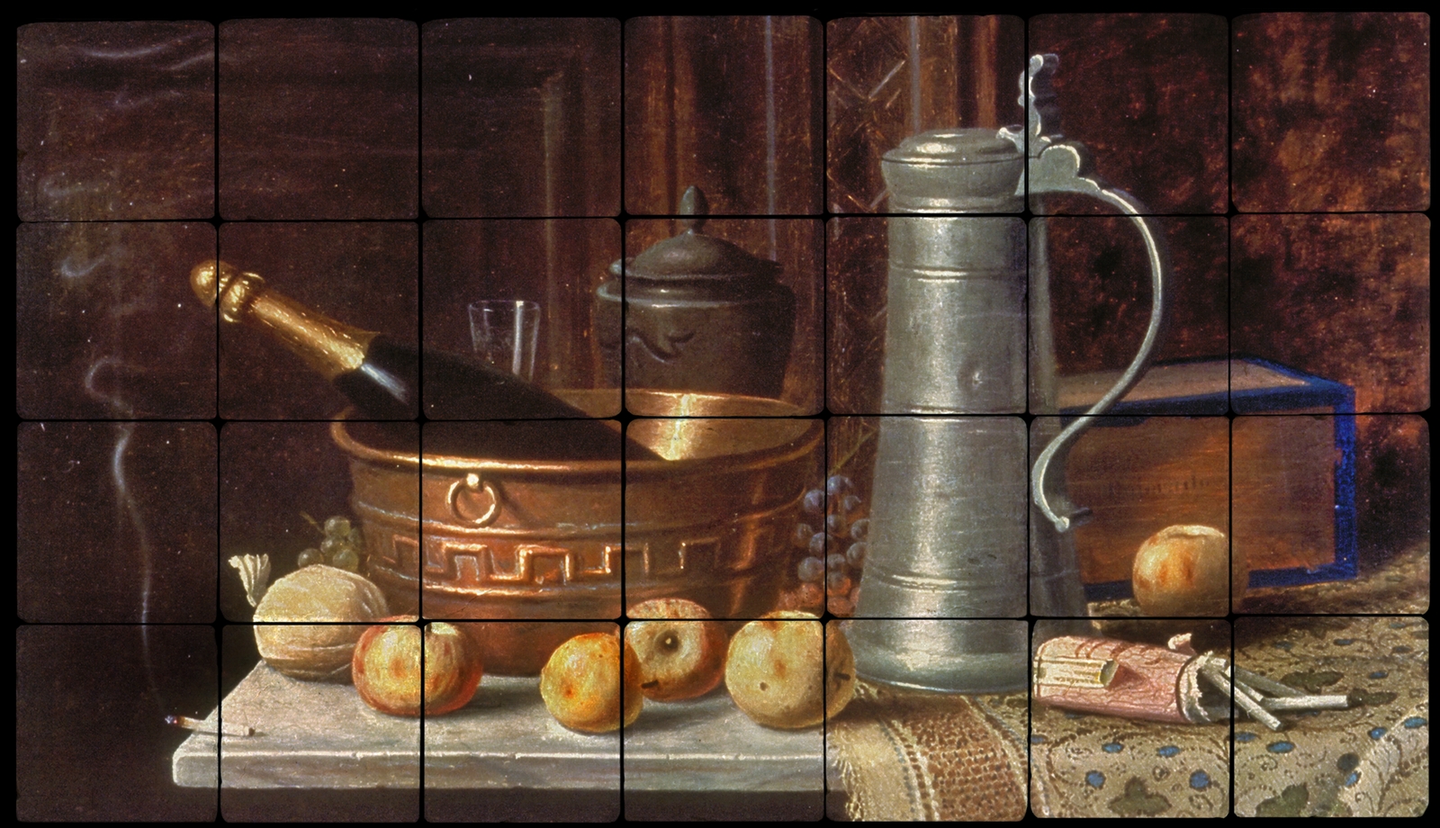 28×16 Still Life with Bronze Tankard Fine Art Stone Tumbled Marble Tile