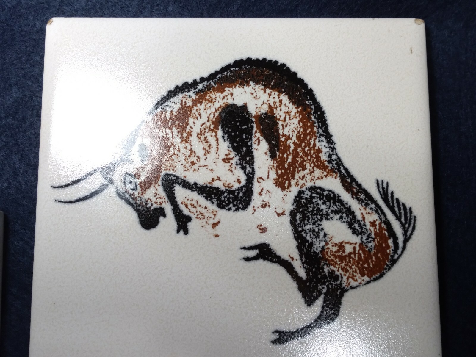 Pair Vintage France Lascaux Cave Painting Bison Decorative Ceramic Art Tiles 6″
