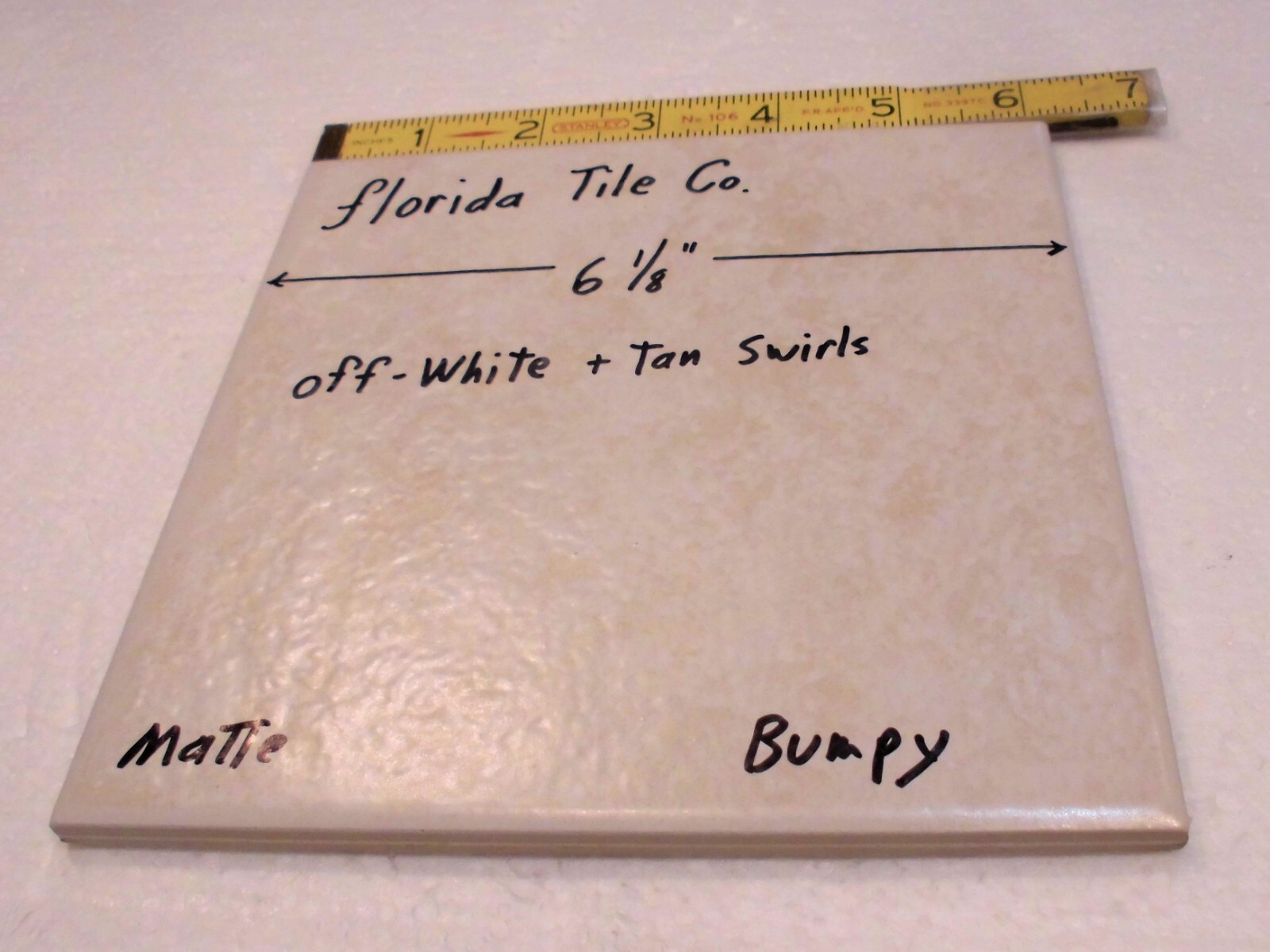 1 pc. Off-White +Tan Swirls: 6-1/8″ Square; Matte Ceramic Tile, by Florida, NOS