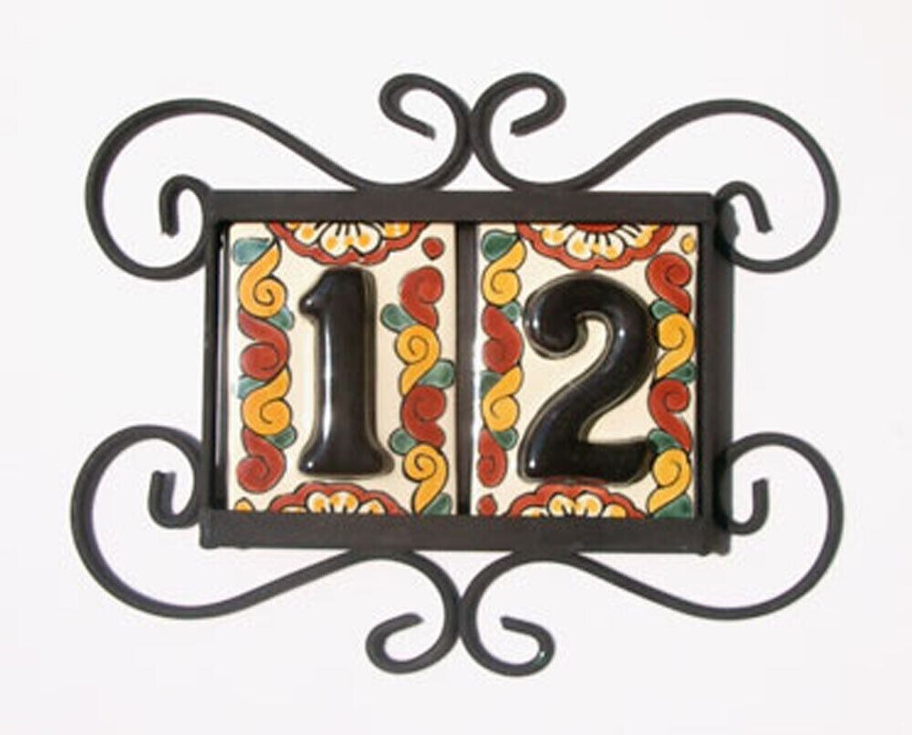 2 BLACK Mexican Tiles House Numbers High Relief & Horizontal Iron Frame