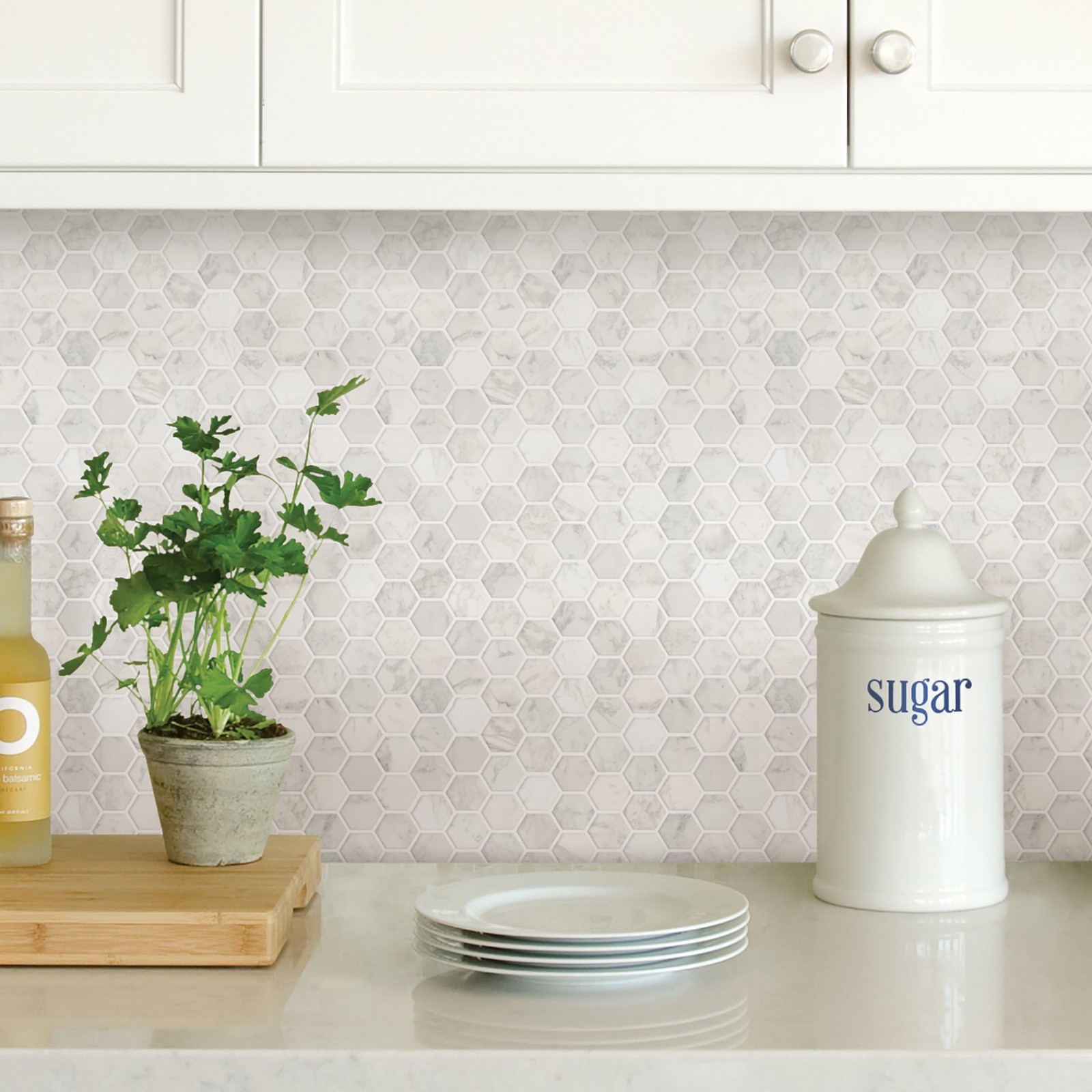 InHome NH2359 Hexagon Marble Peel Stick Backsplash Tiles, White & Off-White