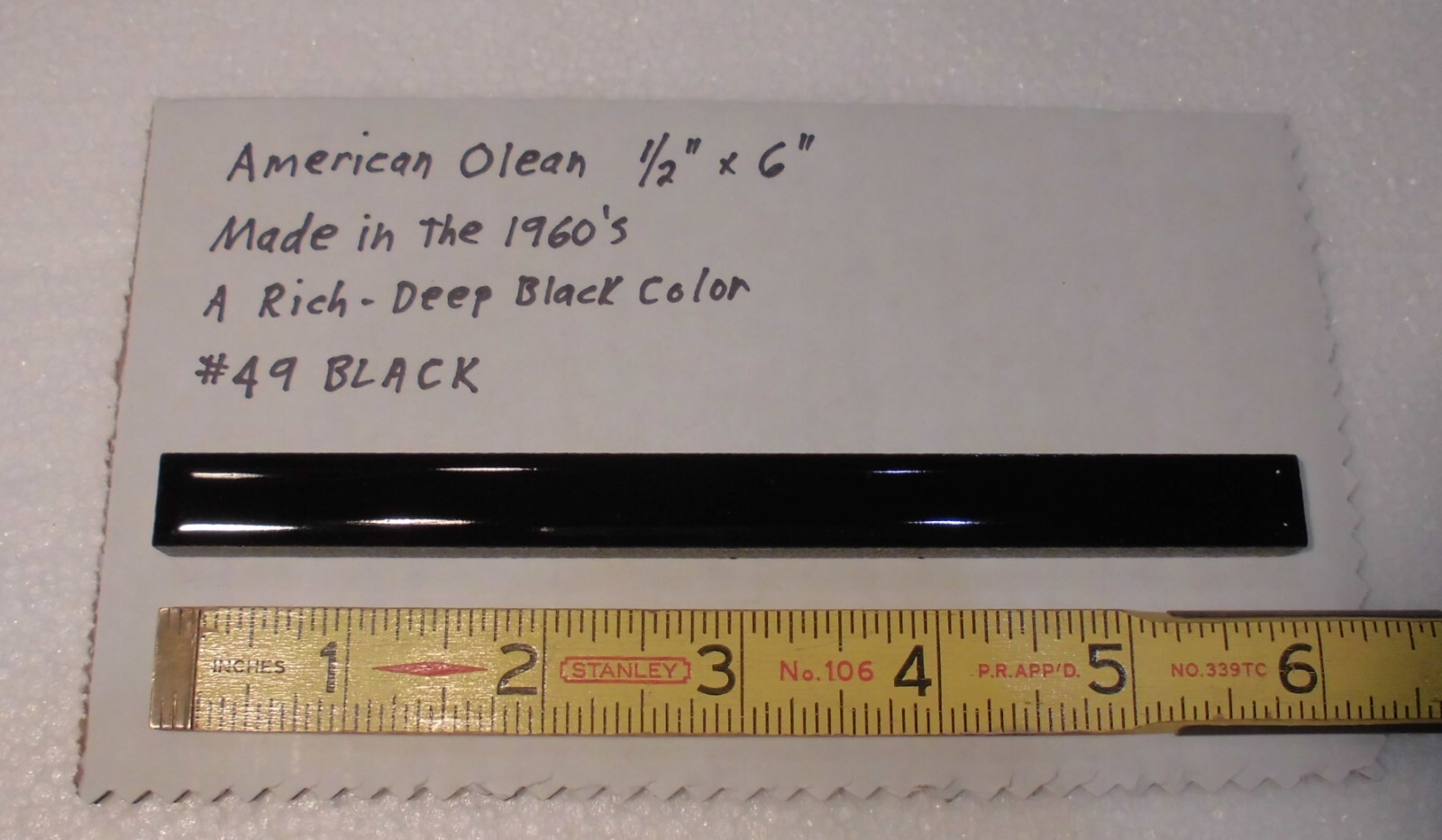 Gloss Dark Black Ceramic Liner-Sizzle Tile 1/2″ X 6″ American Olean, made 1960’s