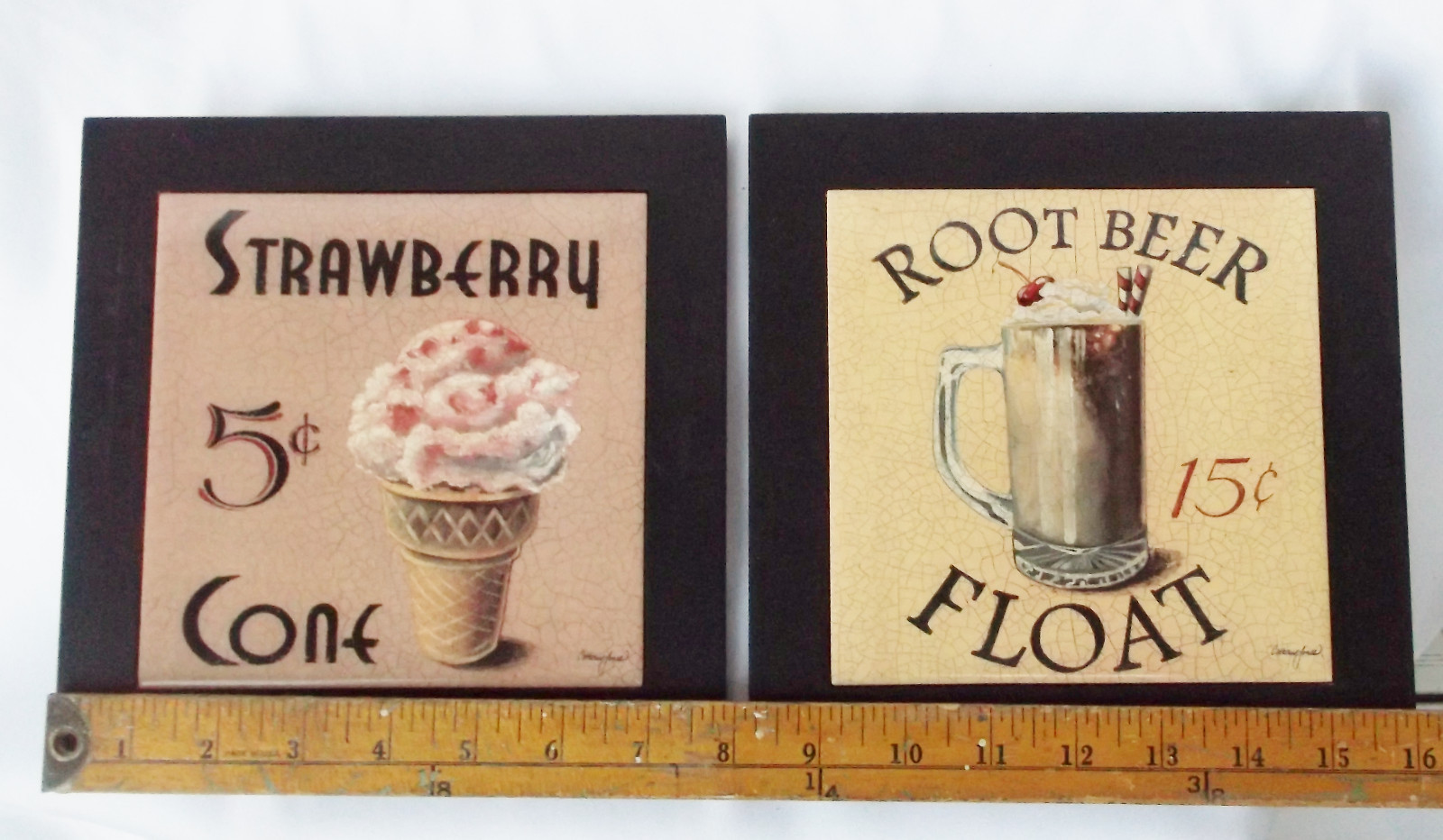 Strawberry Cone/Root Beer Float Ceramic Tile Wood Trivet Hot Plate Wall Art 8×8