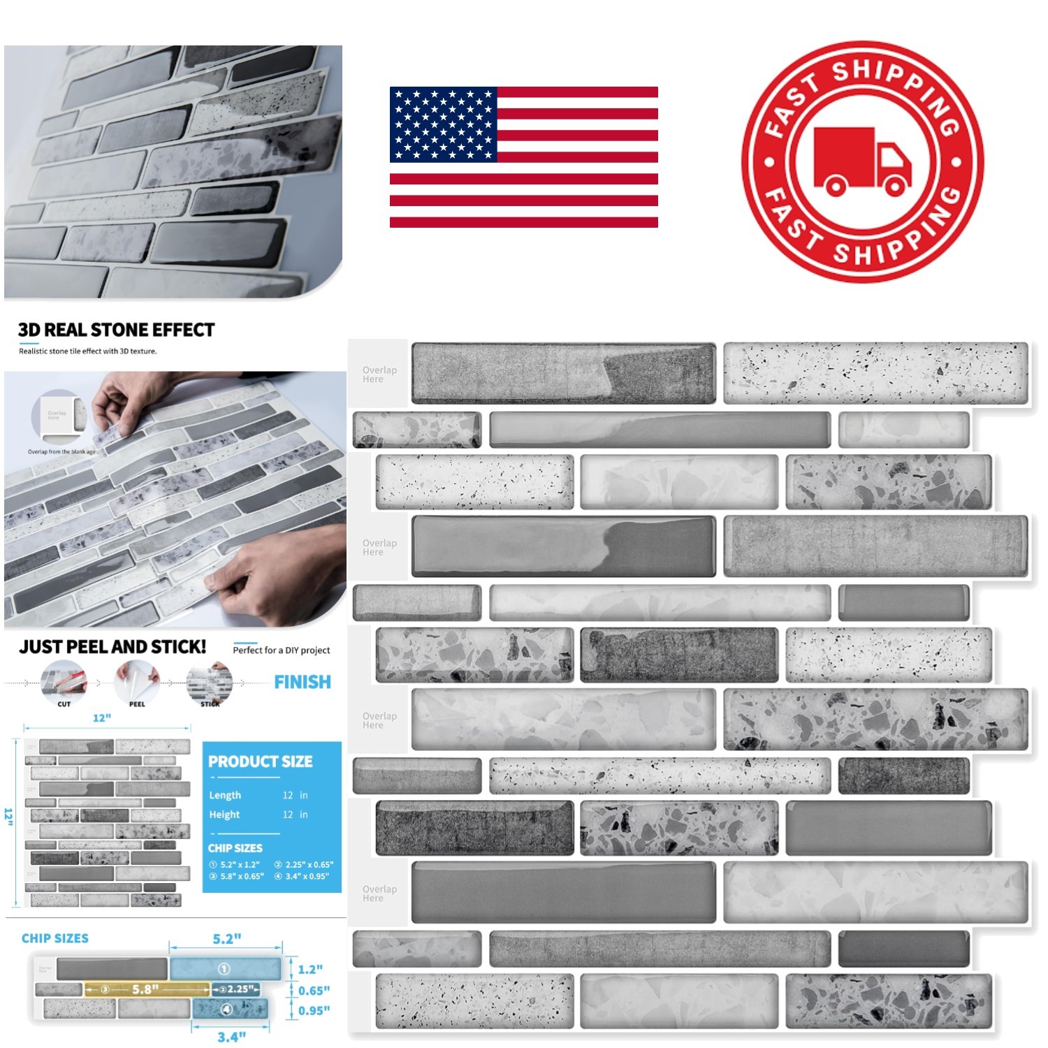 Water Resistant Backsplash Tiles 10 Sheets Grey Stone for Kitchen Bathroom