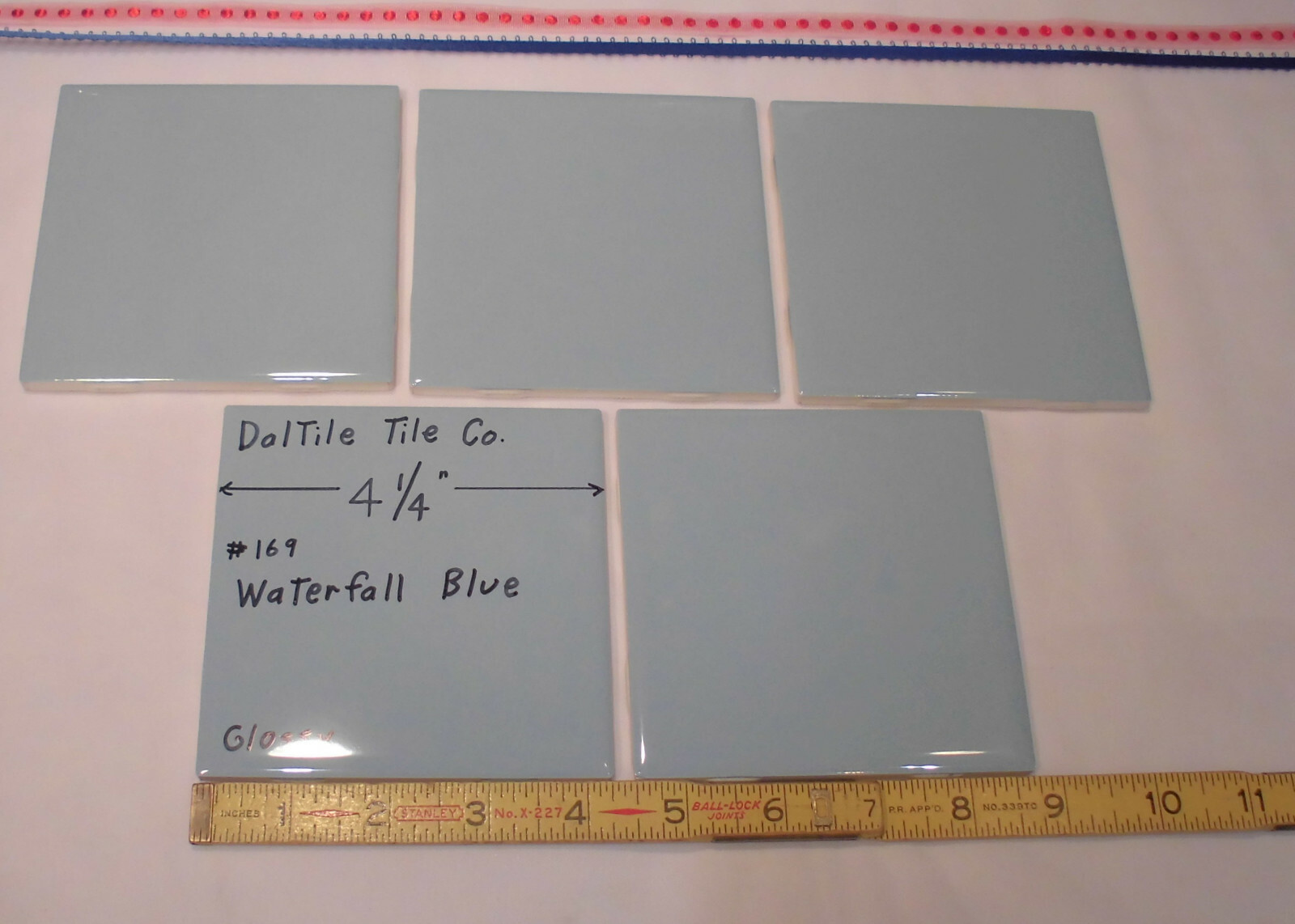 5 pcs. Waterfall Blue: 4-1/4″ Glossy Ceramic Tile by Daltile, Light Blue, NEW