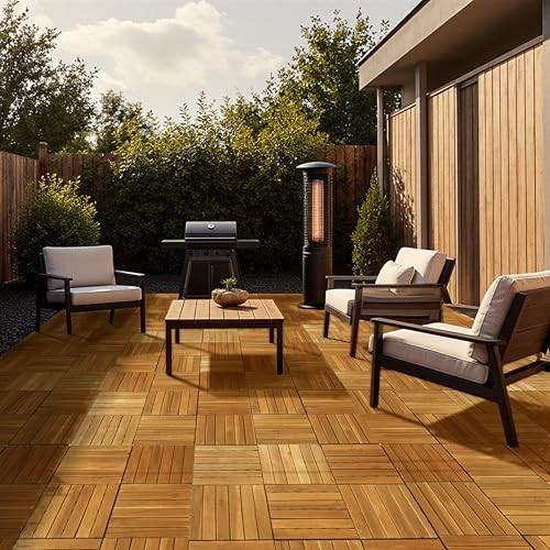 Wood Interlocking Deck Tiles 12×12 Indoor Outdoor Flooring 27 Pcs Golden Striped