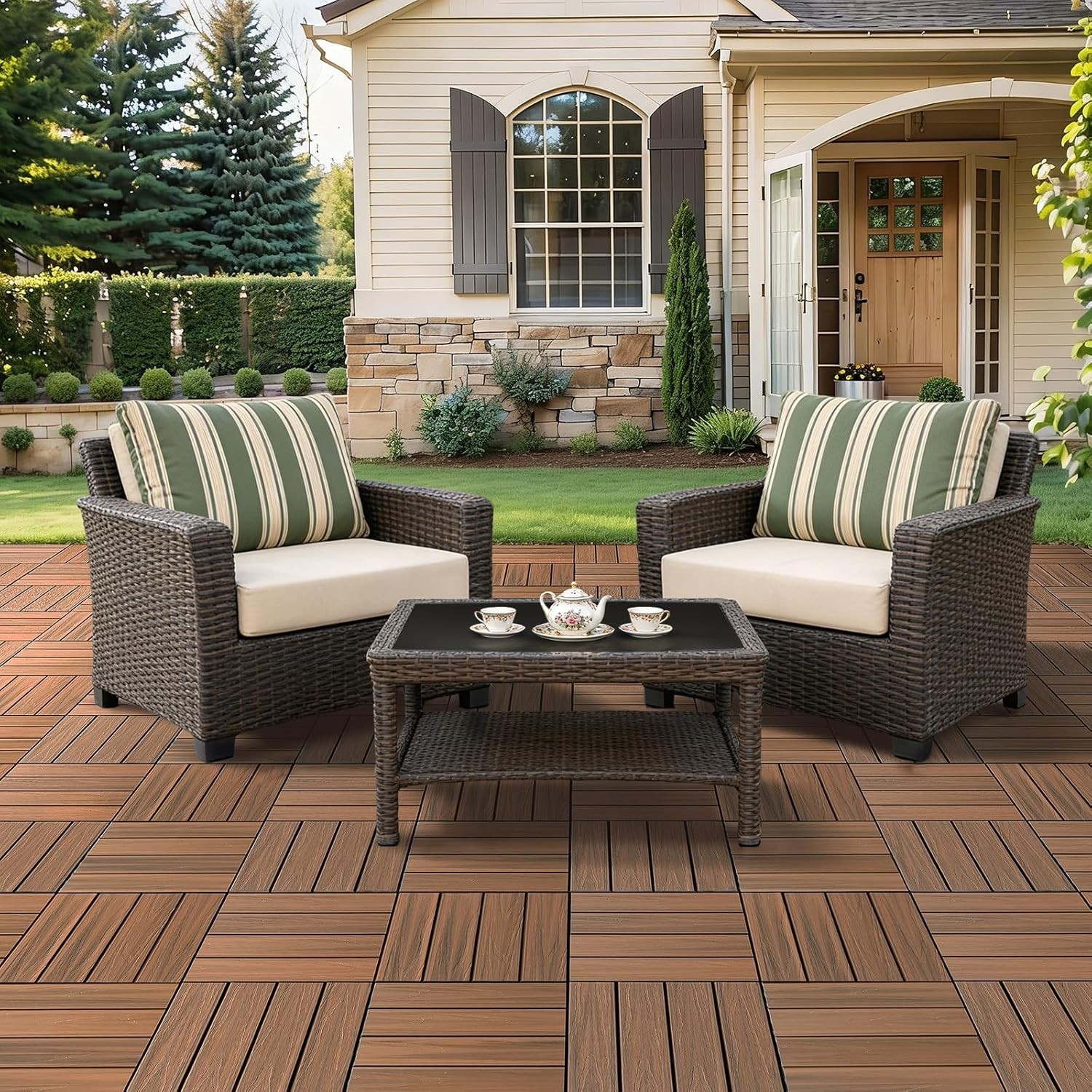 Teak Brown Interlocking 12×12 Deck Tiles Waterproof All Weather Patio Flooring