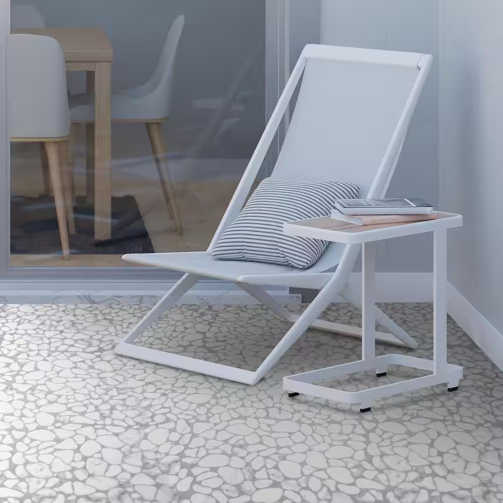 White Calacatta Pebble 10.6 In. X 10.6 In. Recycled Glass Marble Looks Floor and