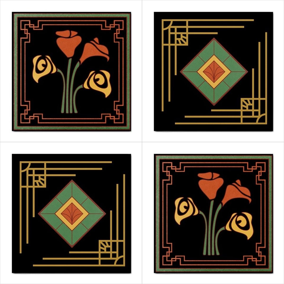 Art Deco Ceramic Tile Set Of 4 Backsplash Tiles 4.25 In
