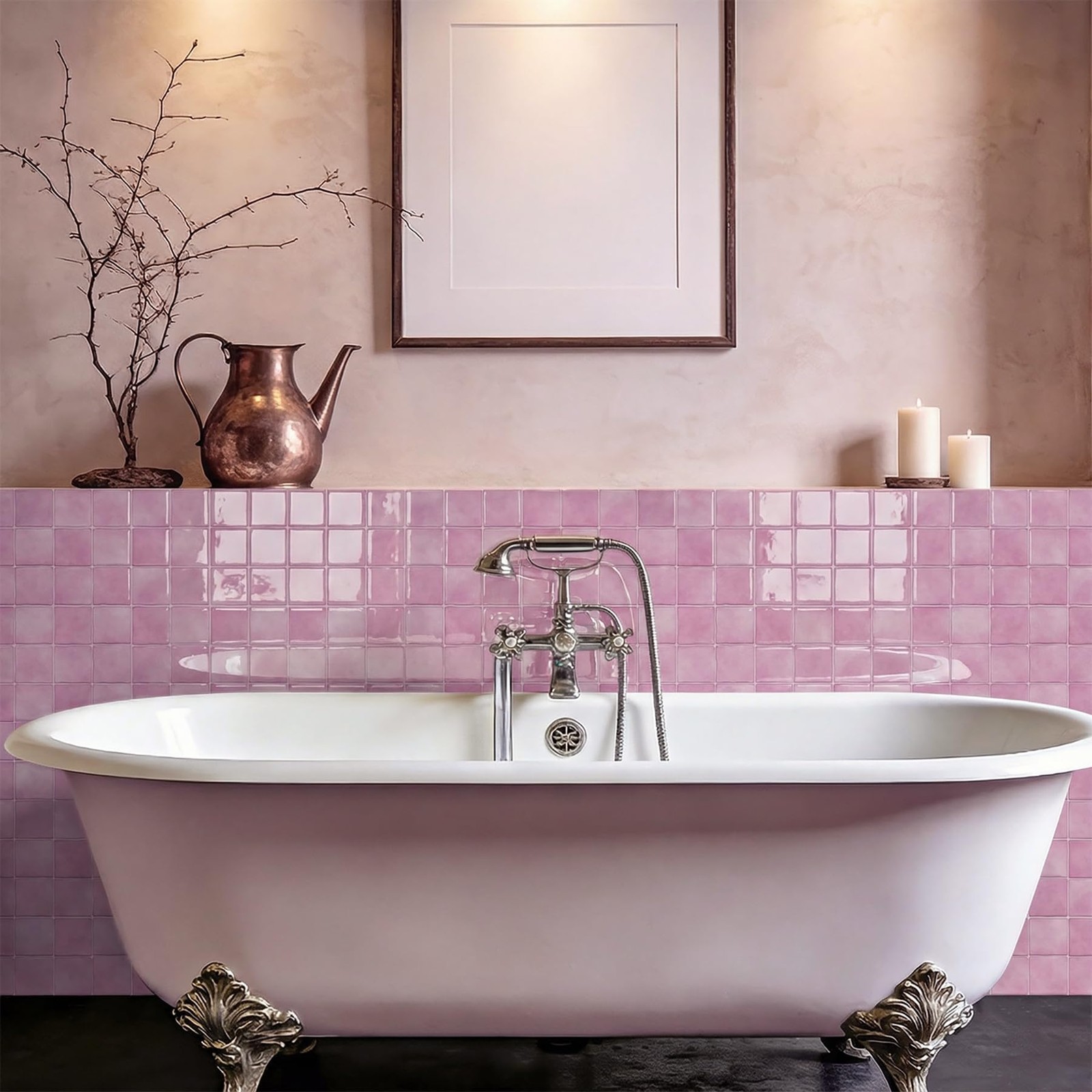 Blush Pink 4 Sheets 6×6 Inch Peel and Stick Subway Tile Backsplash, Self Adhe…
