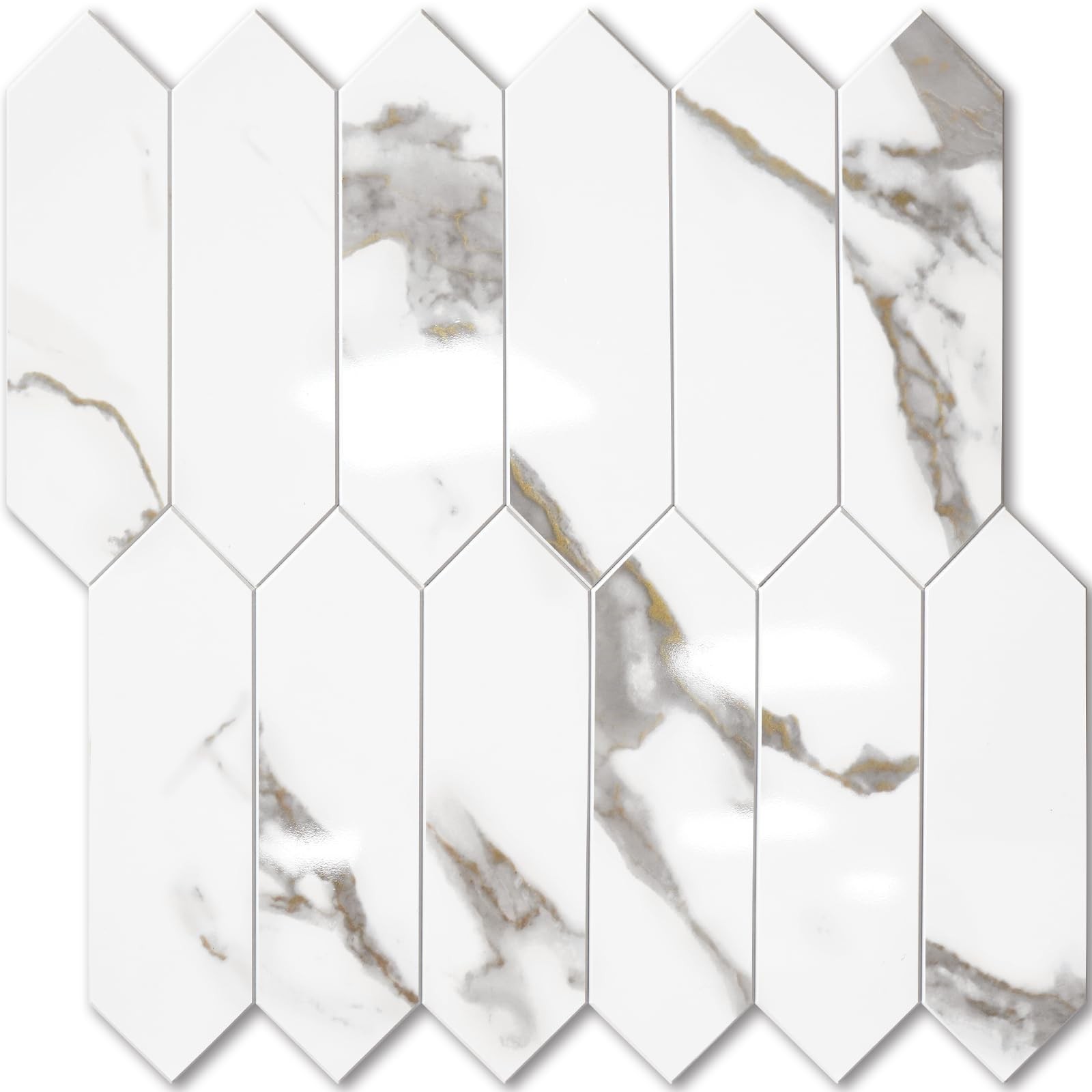 Glossy White Marble Peel and Stick Backsplash Tile with Gold Veining, 12.8″ Hexa