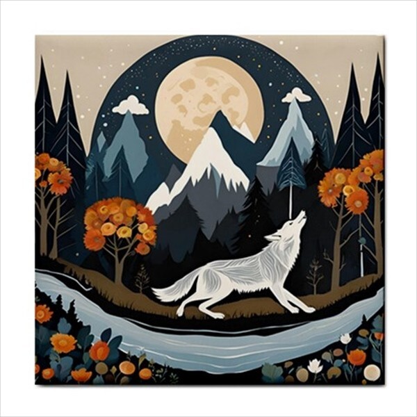Wolf Moon Ceramic Tile Backsplash Decorative Folk Art Style Home Decor Accent