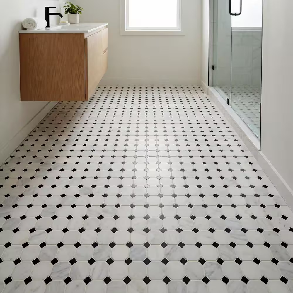 Greecian White 12X12X0.38 In. Honed Marble Octagon Mosaic White Marble and Black