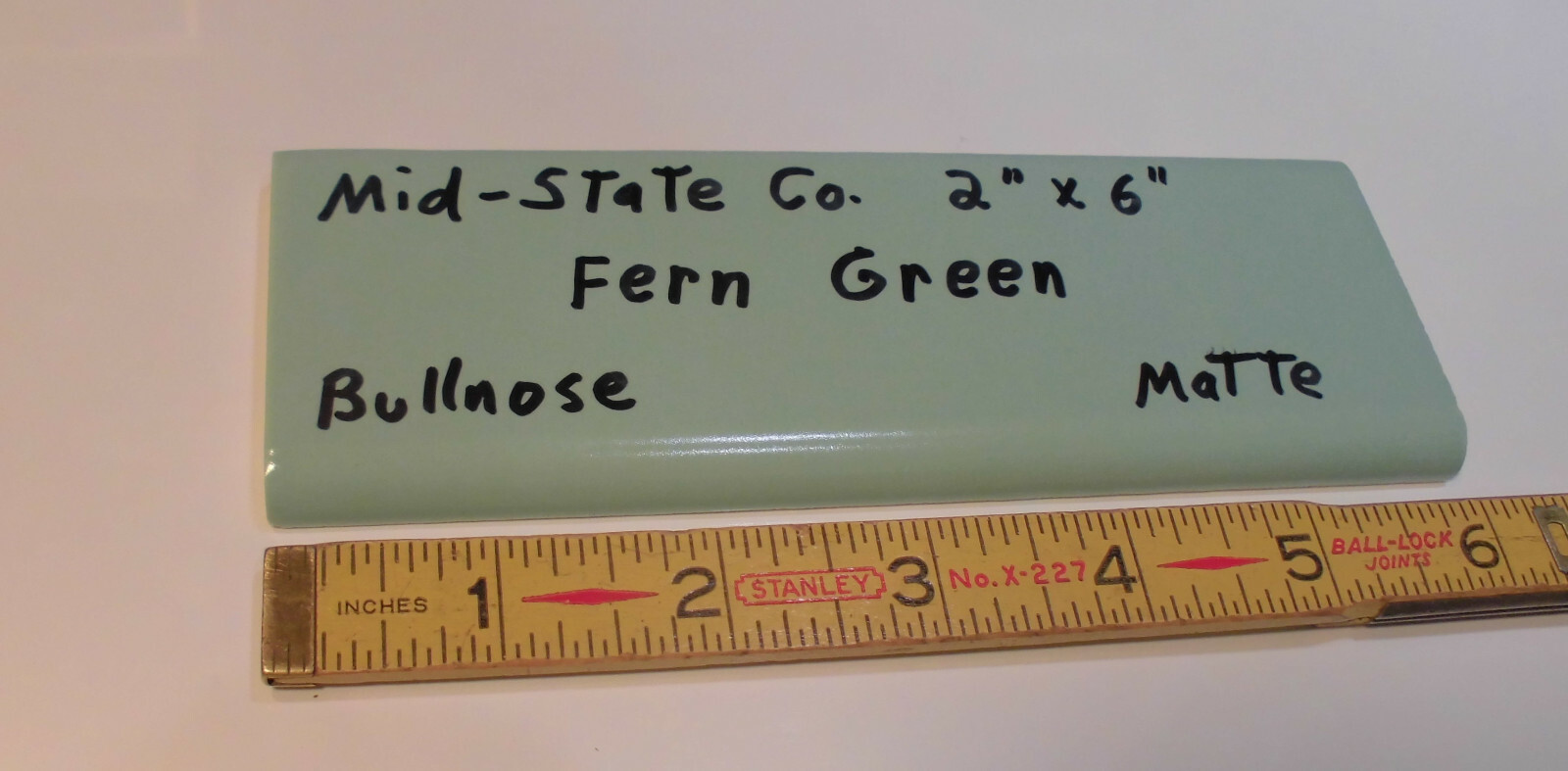 1 pc. Vintage *Fern Green* 2” X 6” Matte Ceramic Bullnose Tile by Mid-State Co.