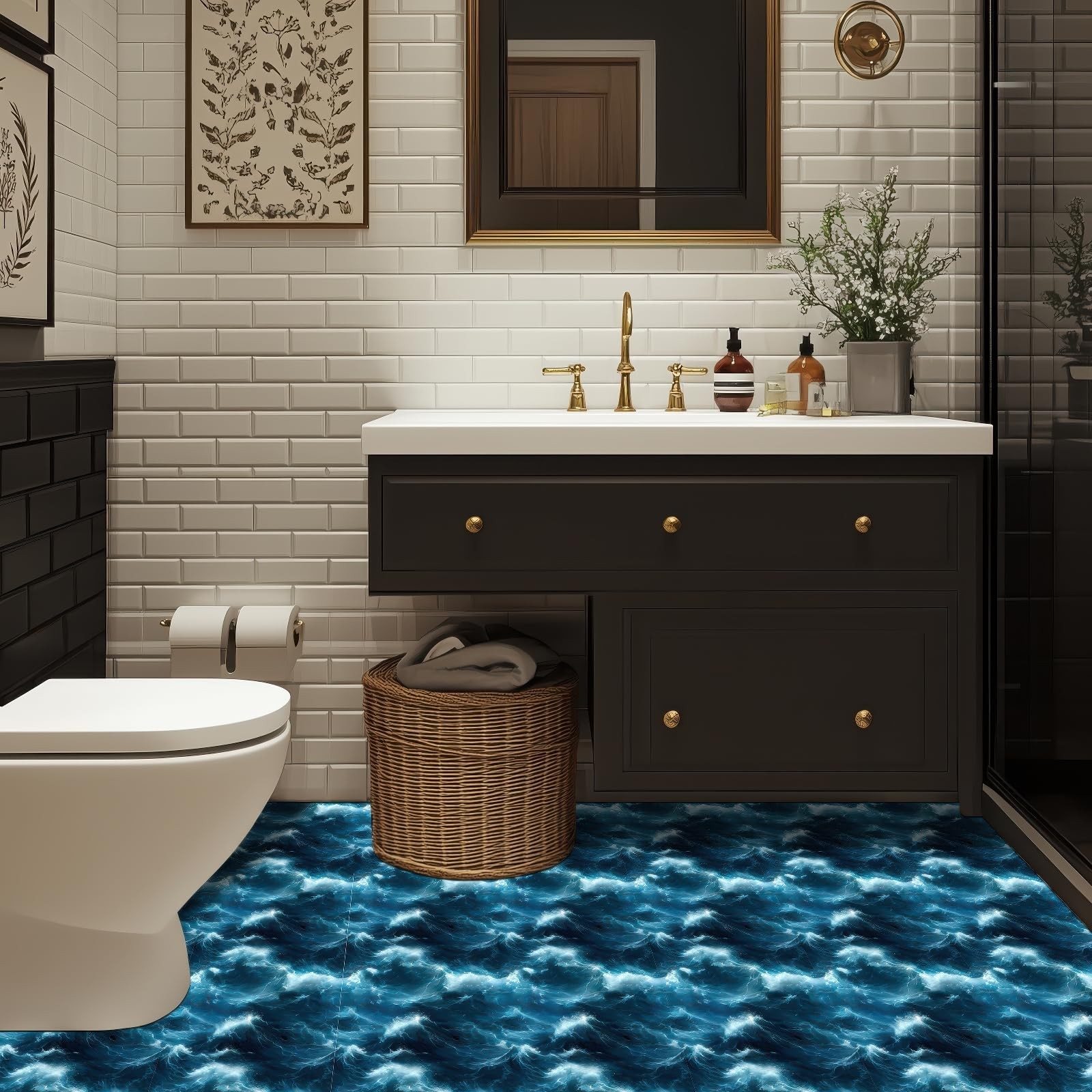 10PCS 12×12 Inch Deep Ocean Wave Look Peel and Stick Floor Tiles PVC Flat Sel…