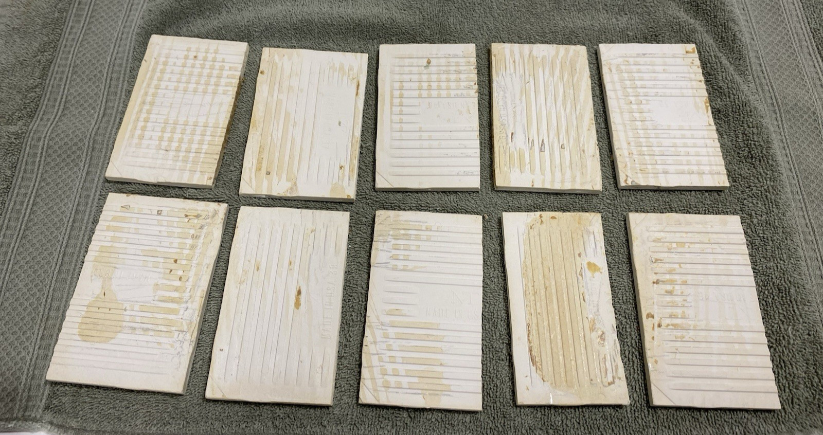 Lot of 10 – Vintage (1950-60s) White Speckled Ceramic Tile – 1/2 cut (2.5×4.25)