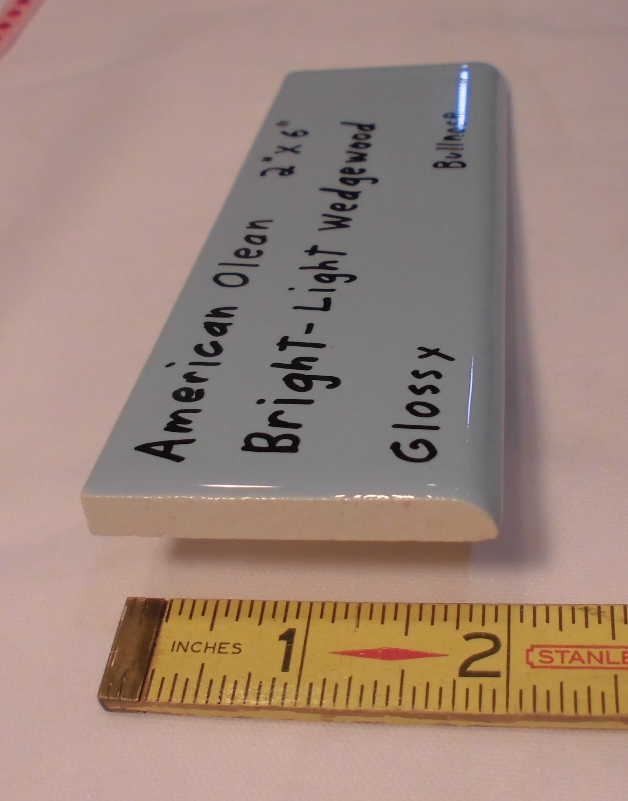1 pc. Ceramic Bullnose Tile 2” X 6” Light Bright Wedgewood Blue: American Olean