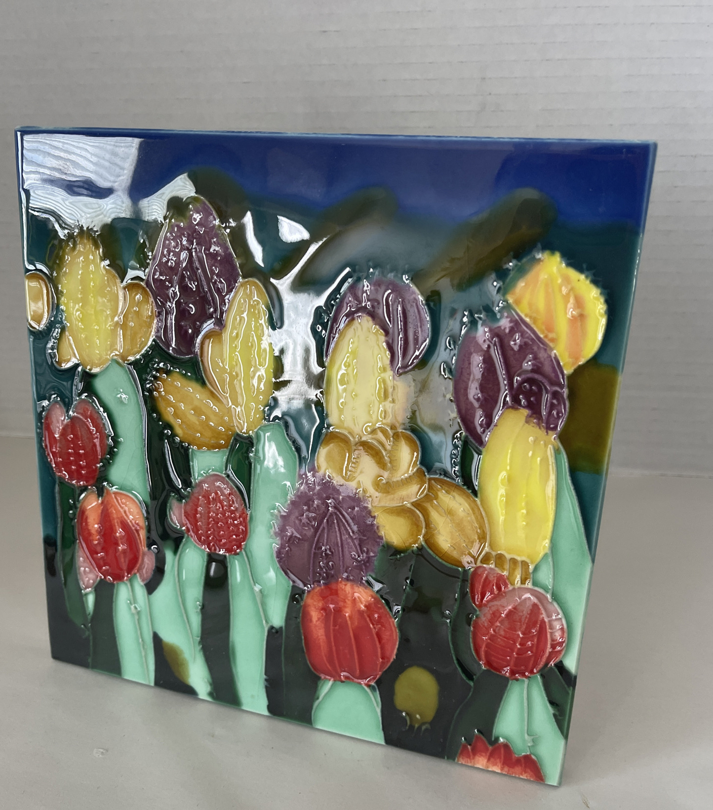 Tropical Cactus Flower Trivet Ceramic Art Tile 8×8” Freestanding Decorative