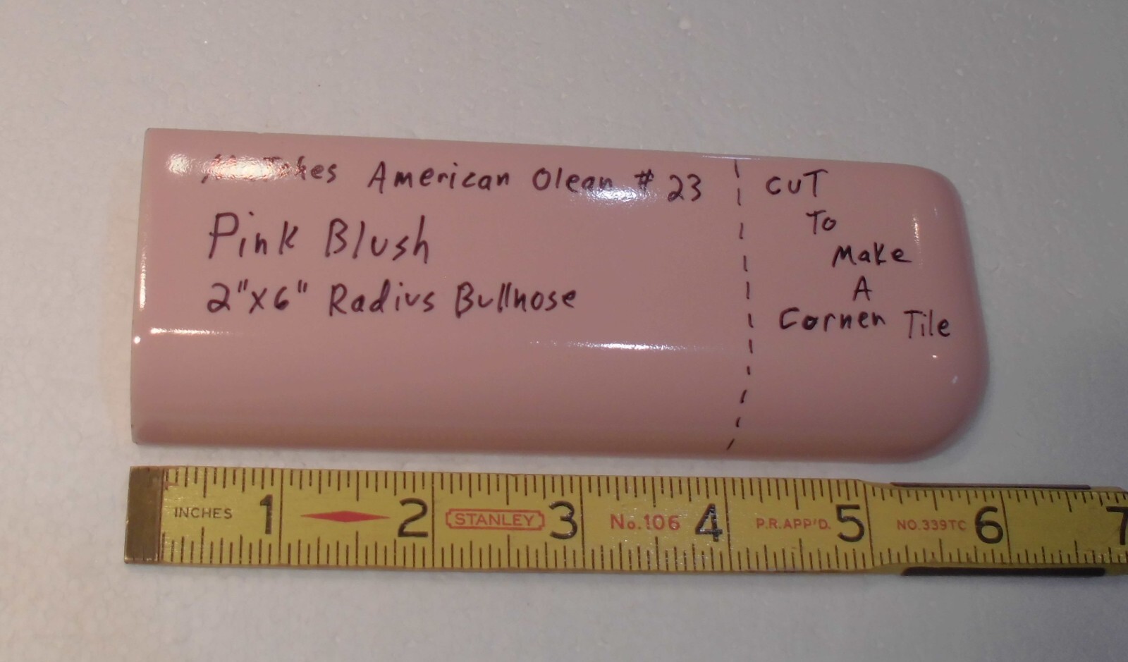 1 pc. Pink Blush Color: 2″ X 6″ Ceramic Radius Bullnose Corner Tile or 2″ X 2″