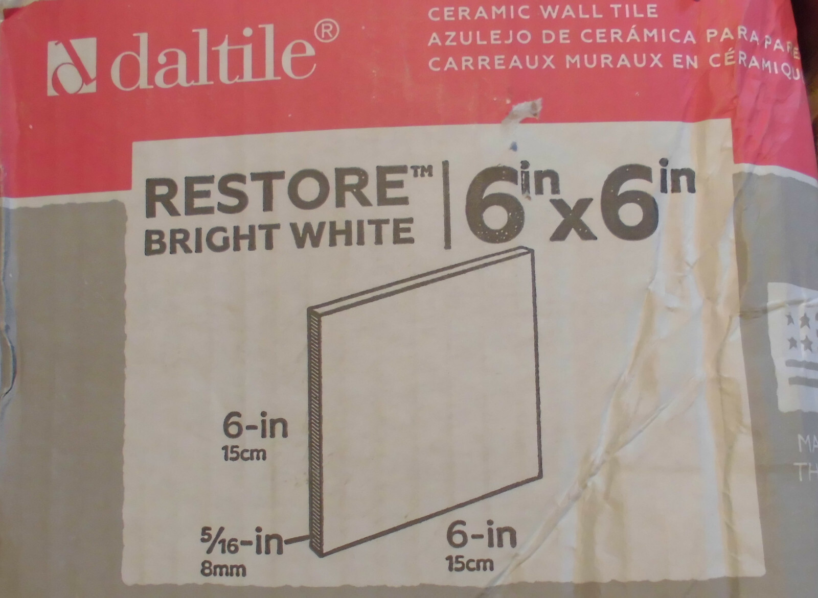1 pc. Daltile; RESTORE Bright White; Glossy Ceramic Tile 6″ X 6″ New