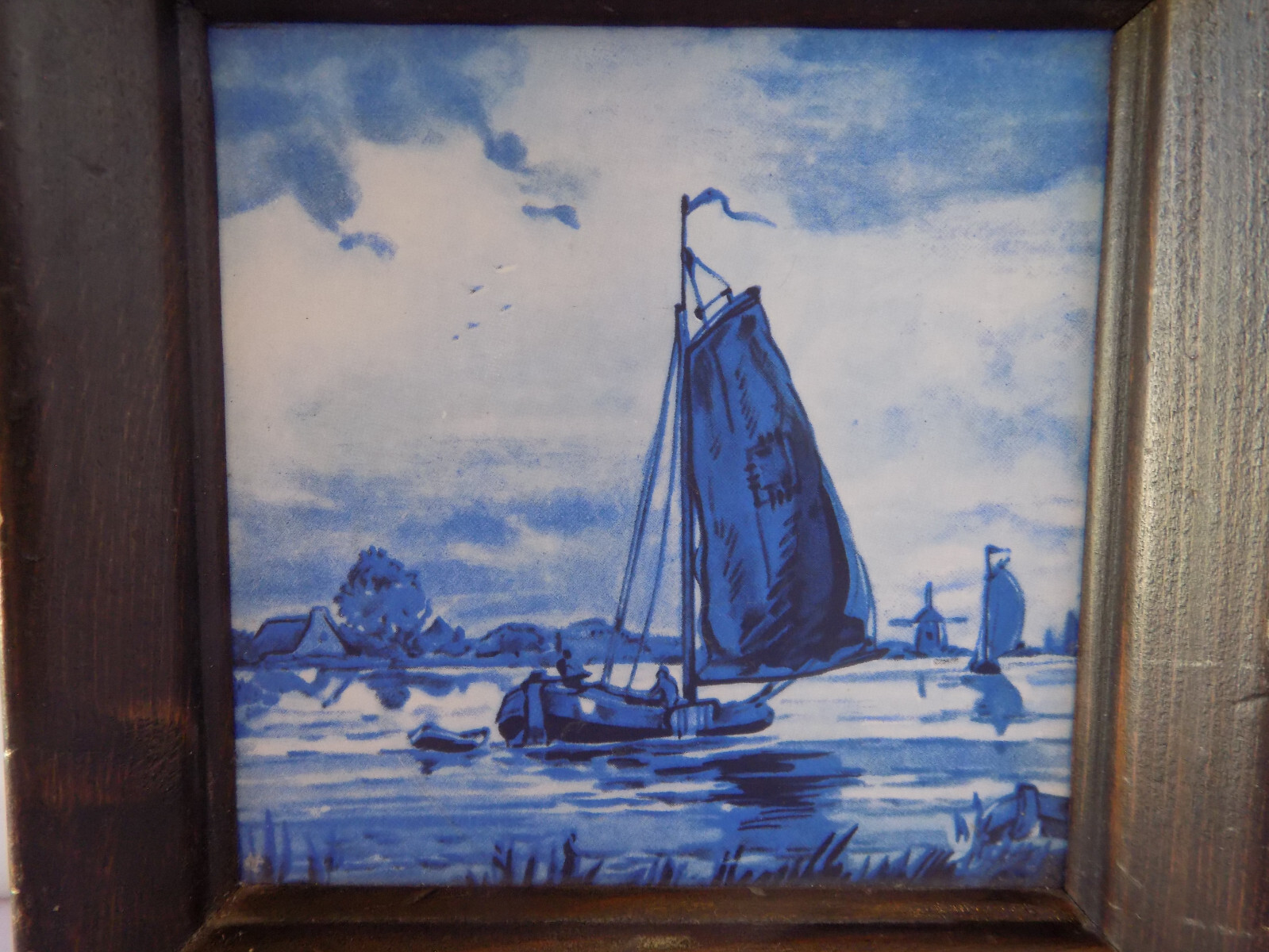 Set of 2 H&R Johnson Ceramic Tile Framed Blue Painted Sail Boats Ships Natutical