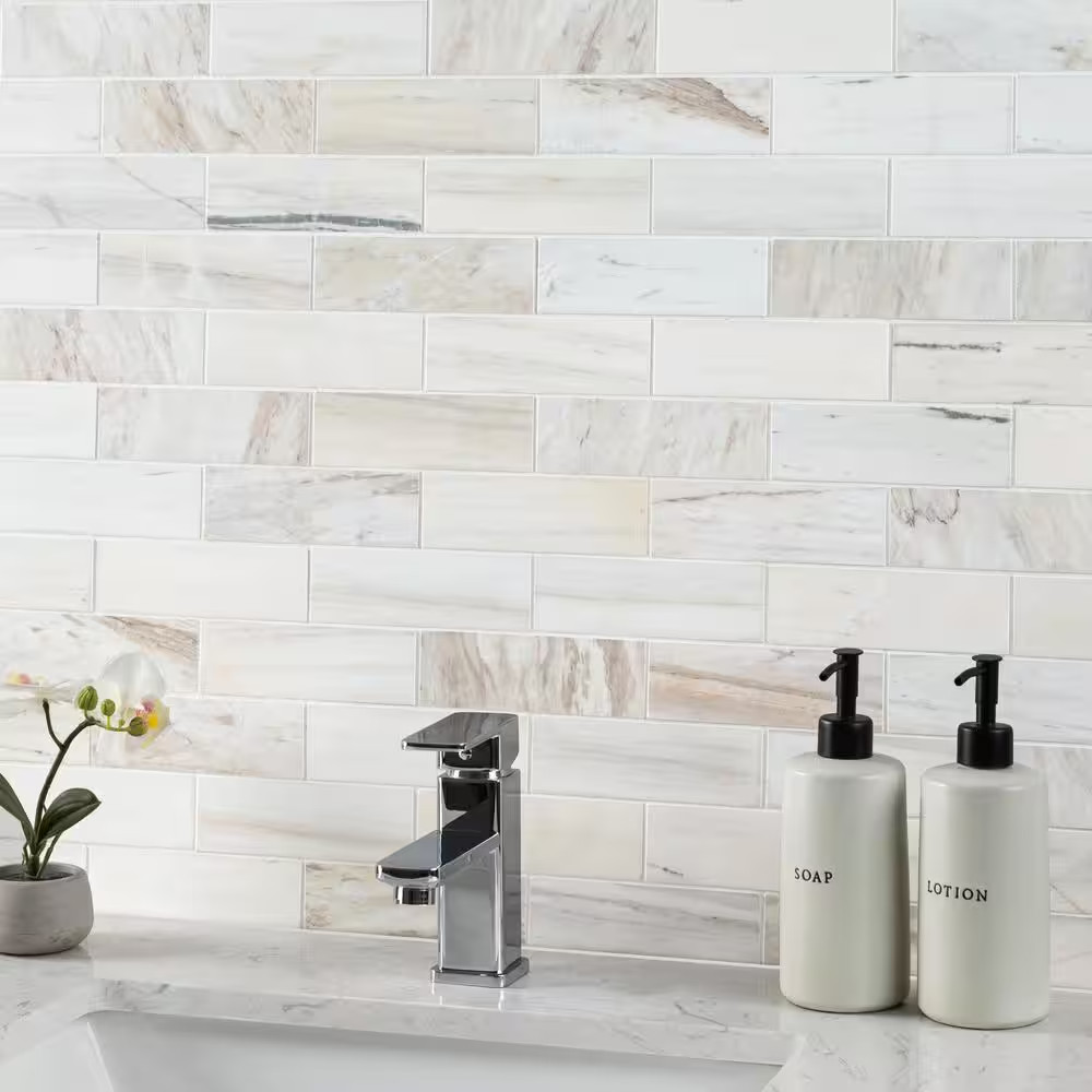 Angora Subway 12 In. X 12 In. Polished Marble Mesh-Mounted Mosaic Floor and Wall