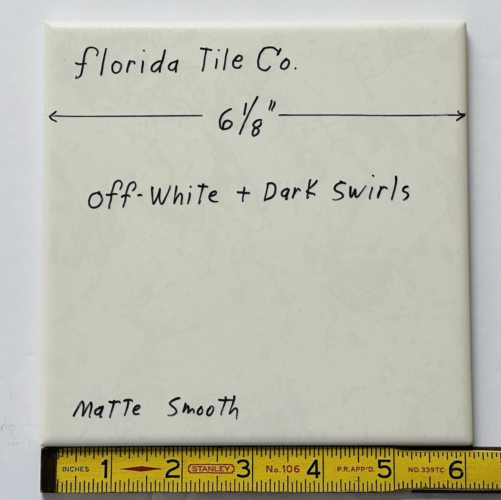 1 pc. Off-White + Dark Swirls: 6-1/8″ Square, Matte Ceramic Tile by Florida, NEW