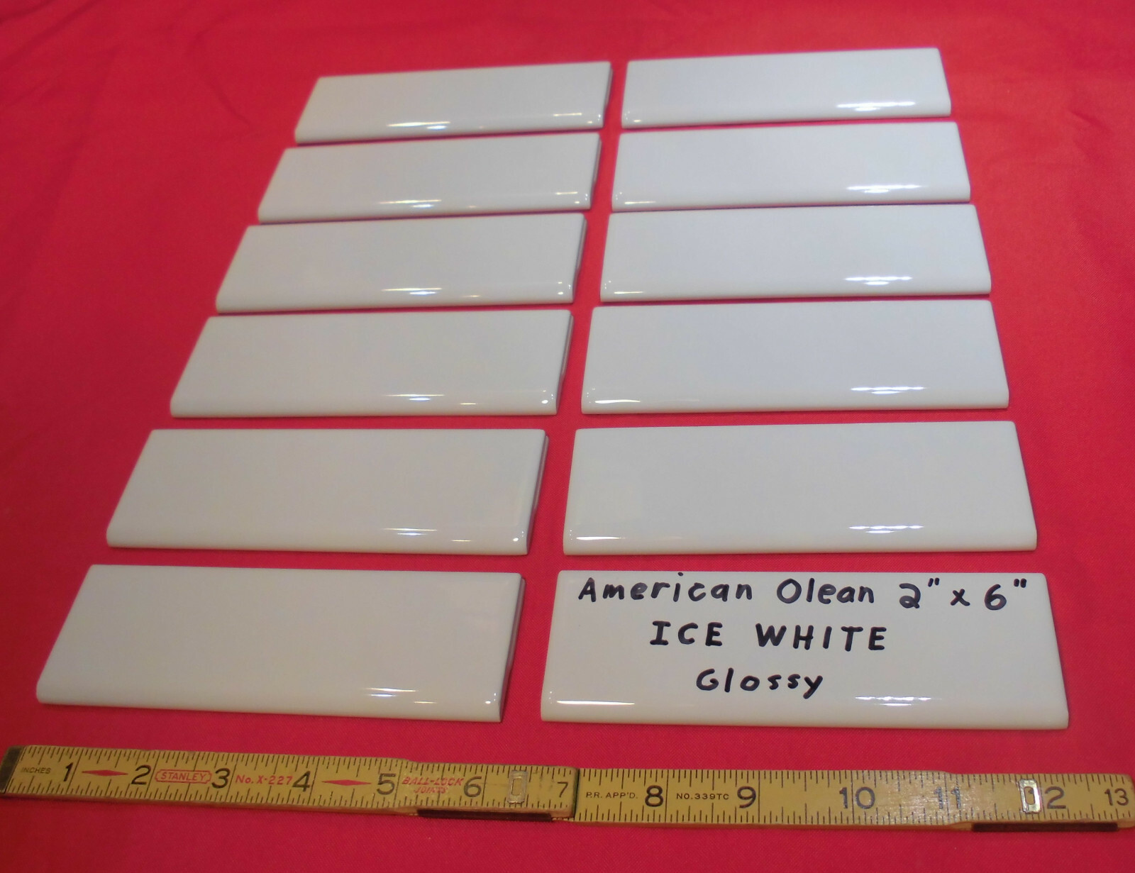 12 pcs. *Glossy Ice White* 2″ X 6″ Bullnose Ceramic Tiles; American Olean, New