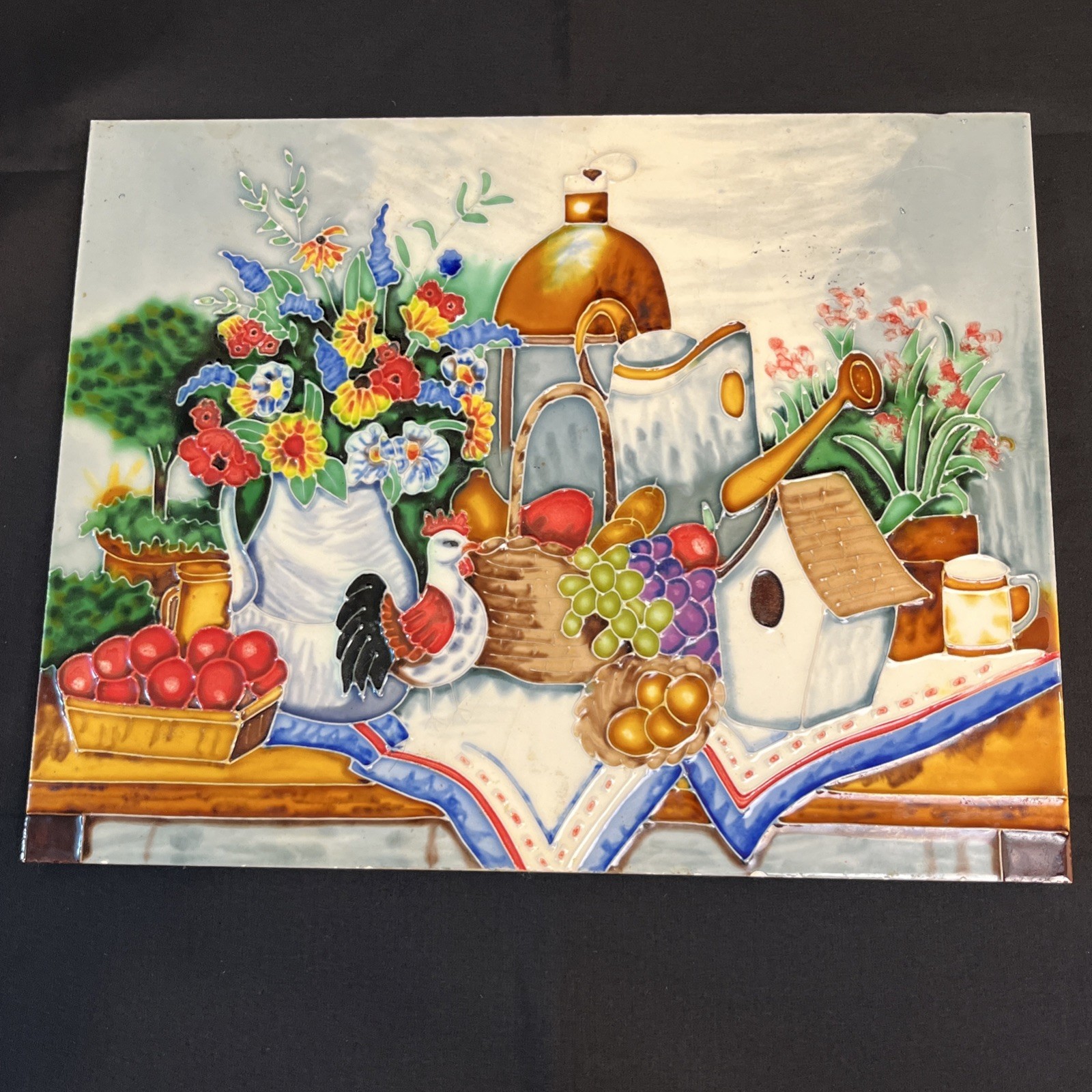 Vtg Farmhouse Kitchen Wall Hanging Garden Table Chicken 12″ Floral Ceramic Tile