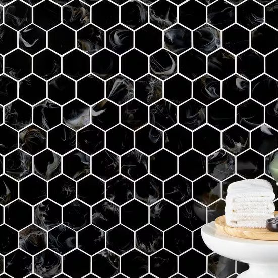 Montage Caviar Hexagon Glass Mosaic Wall Tile, 12×12 Sheet