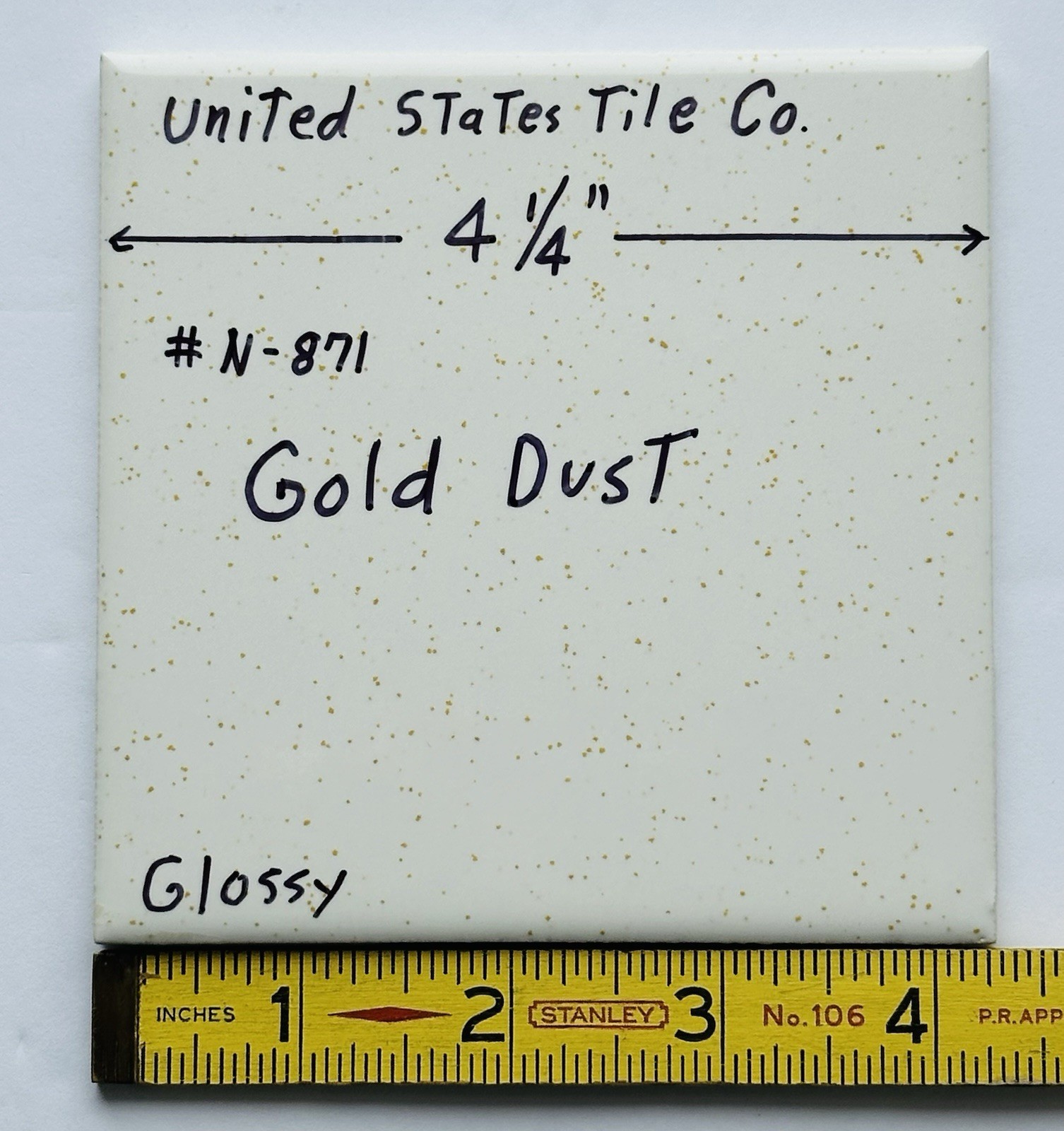 1 pc. Gold Dust: 4-1/4″ Gloss White Speckled Gold Ceramic United States Tile Co.