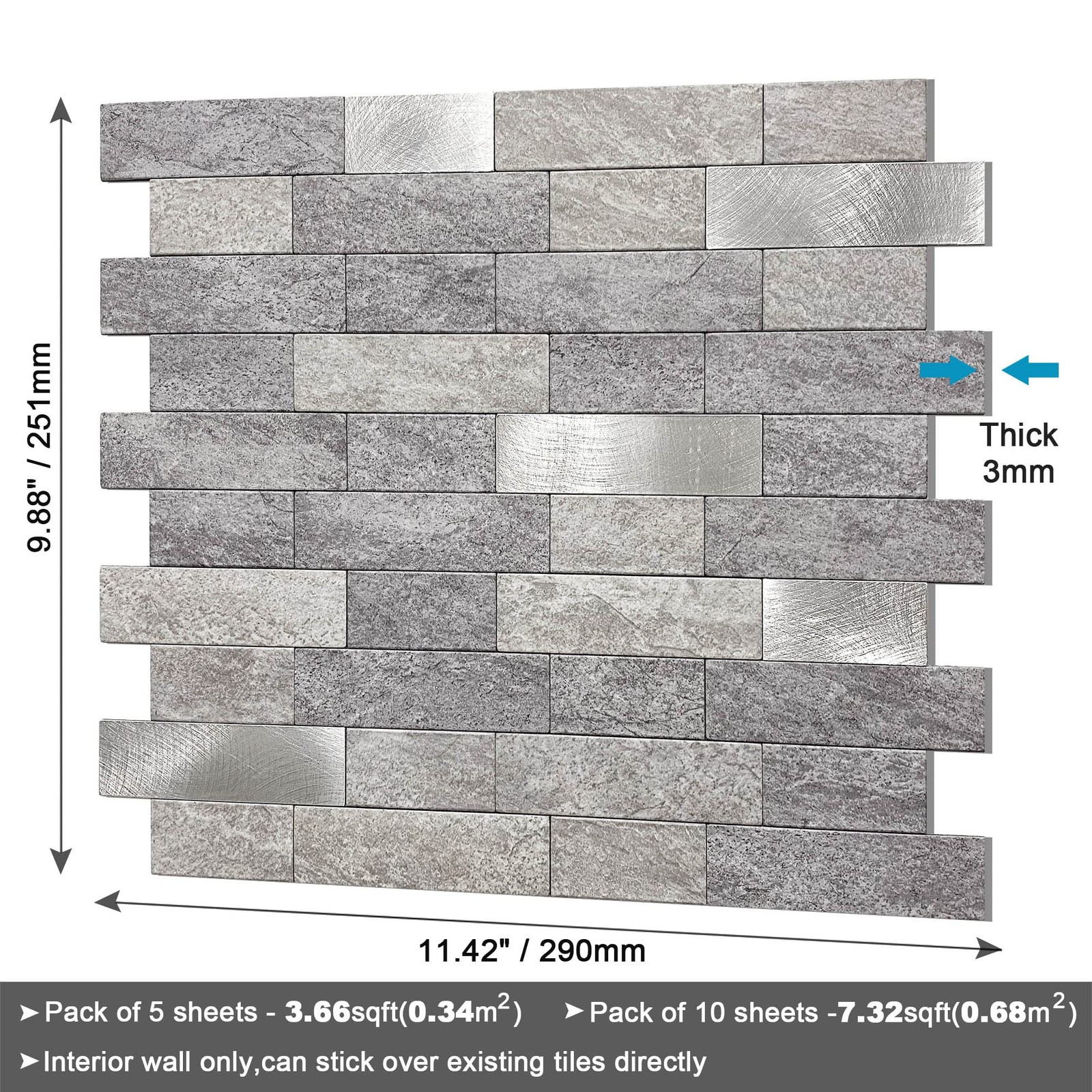 Stone Kitchen Backsplash Peel and Stick Wall Tile Gray Mix 10pcs