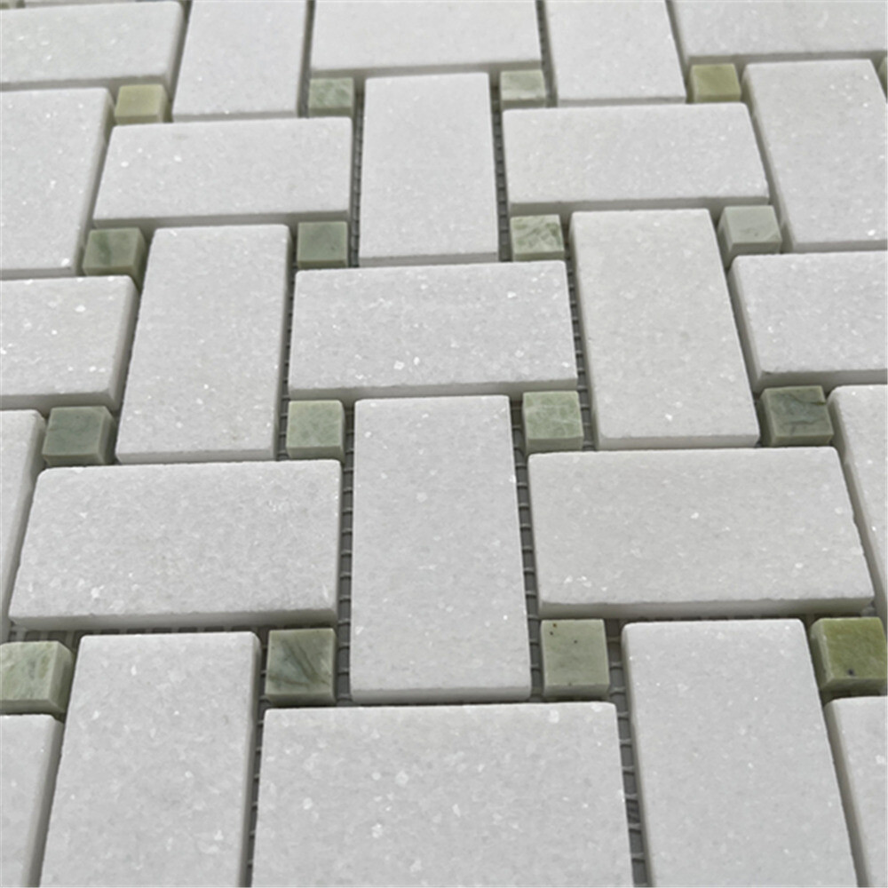 T652XH Thassos White Marble 1×2 Basketweave Mosaic Tile Green Dots Honed