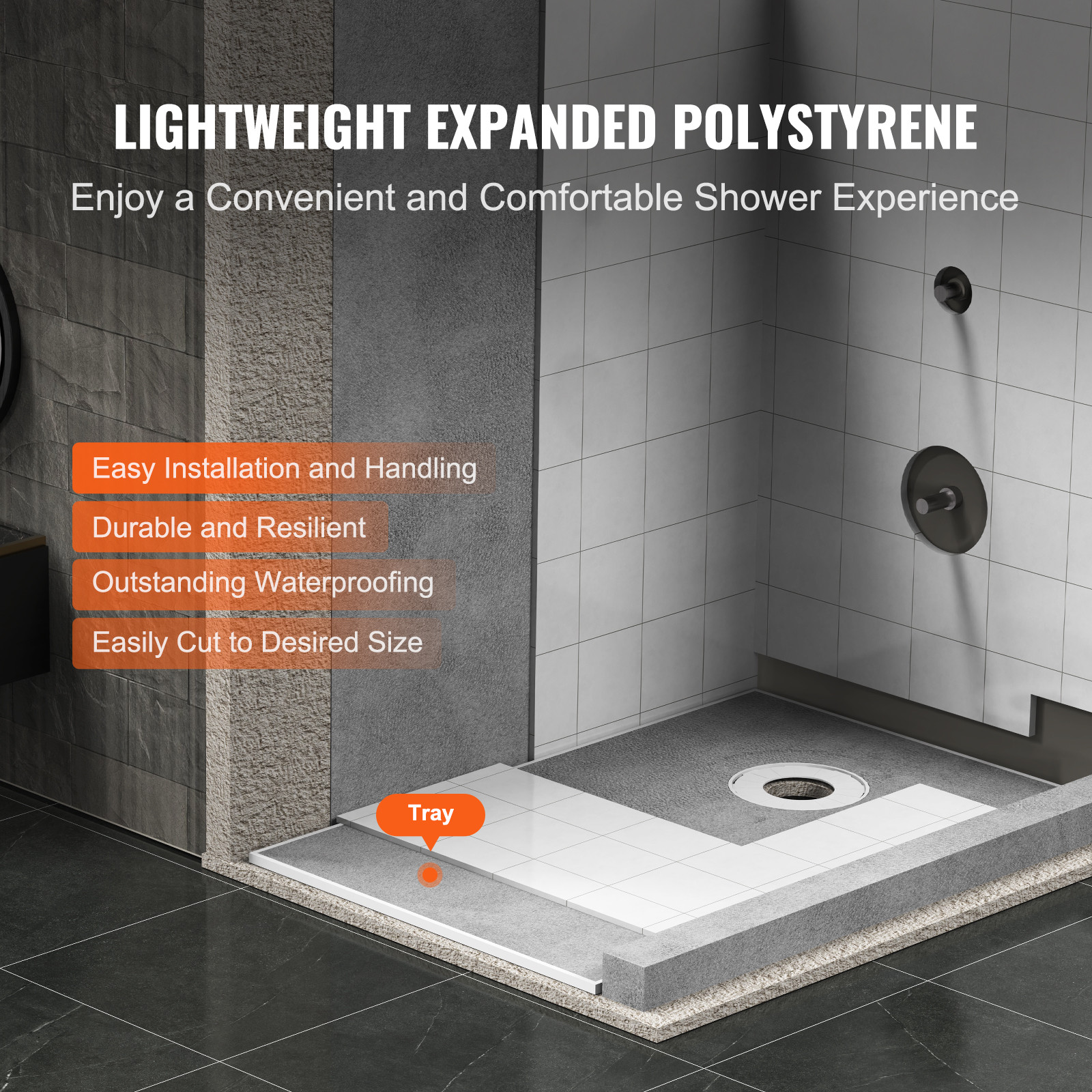 VEVOR Waterproofing Shower Curb Tray Kit 60″x38″ w/ Offset Drain Thickened