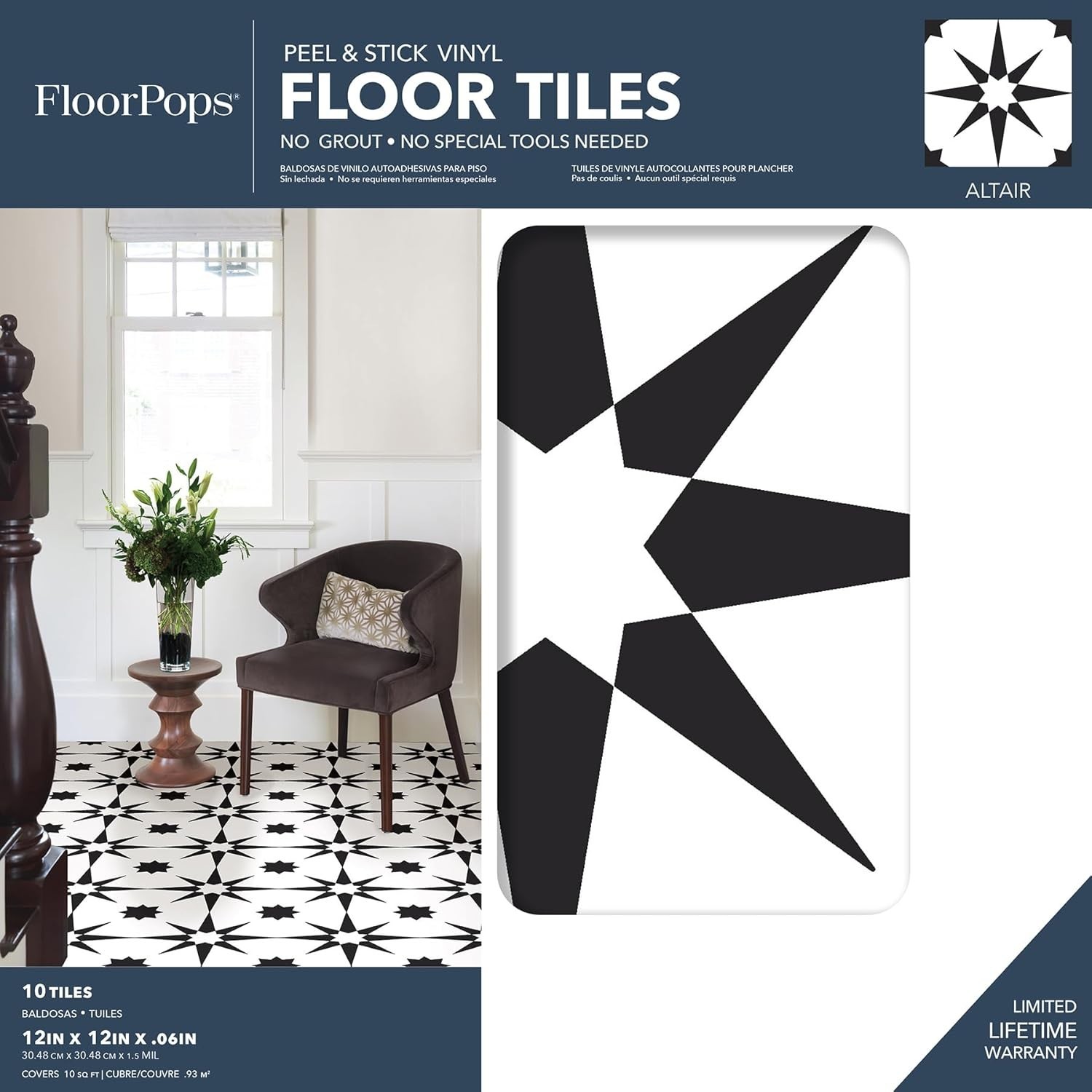 Peel & Stick Floor Tiles Vinyl Black 12x12in Water Resistant Easy Install