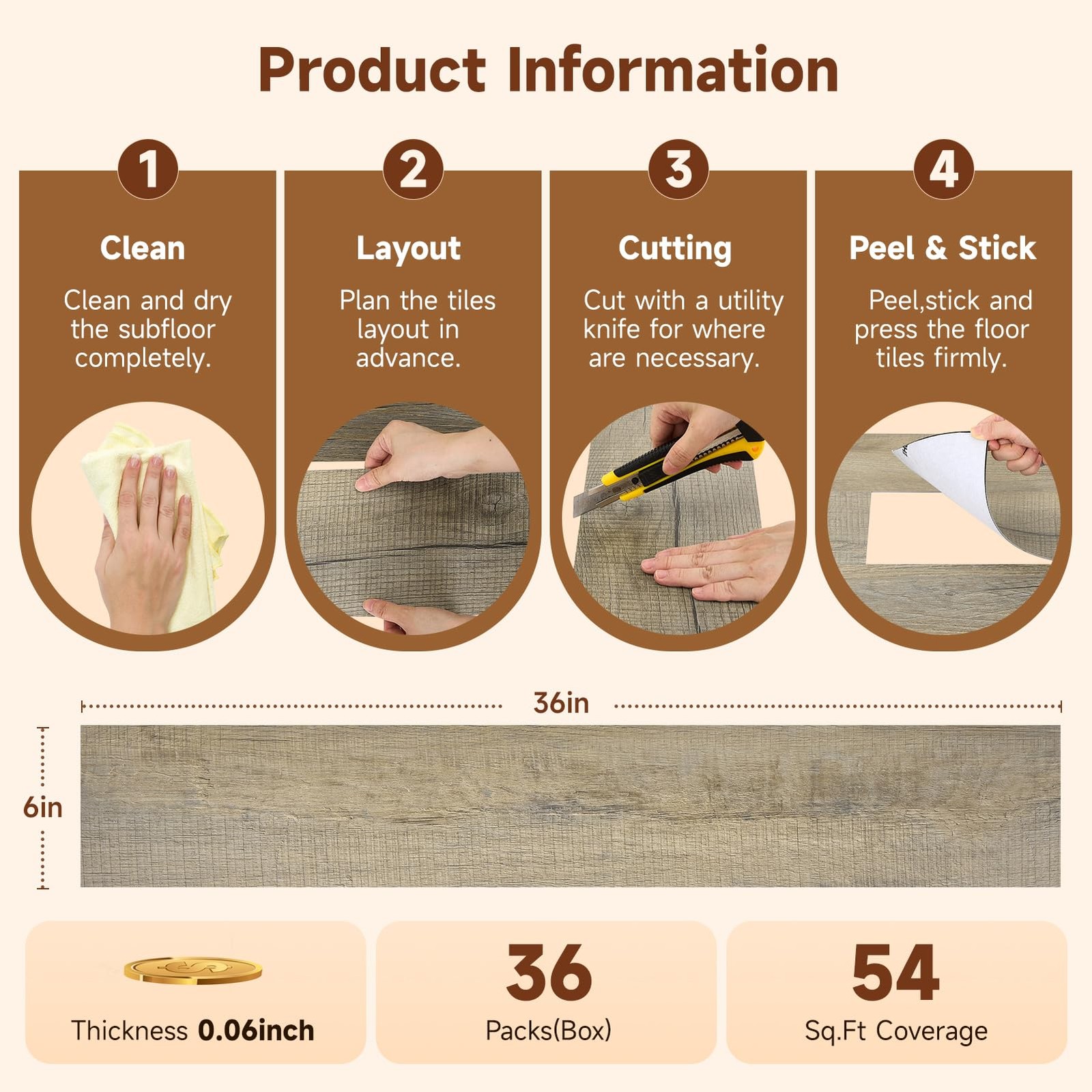 Peel and Stick Vinyl Flooring, 36-Pack 54 Sq.Ft Wood Grain Waterproof Rigid C…