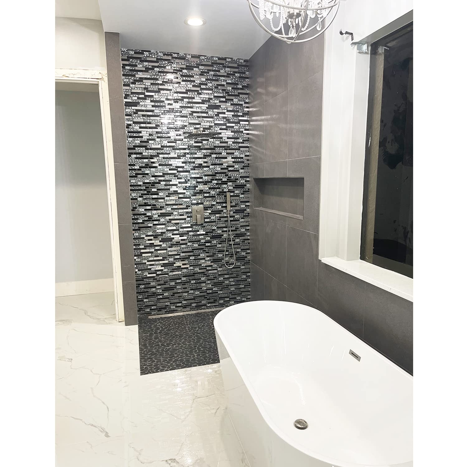 Glass Metal Tiles Art Mosaic Silk Black Crystal Glass Chrome Silver Steel Acc…
